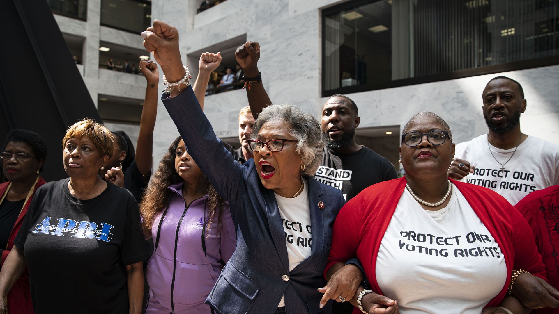 Photo of Joyce Beatty with one fist in the air and the other linked around another protester as they, joined by several others, protest in the Senate lobby