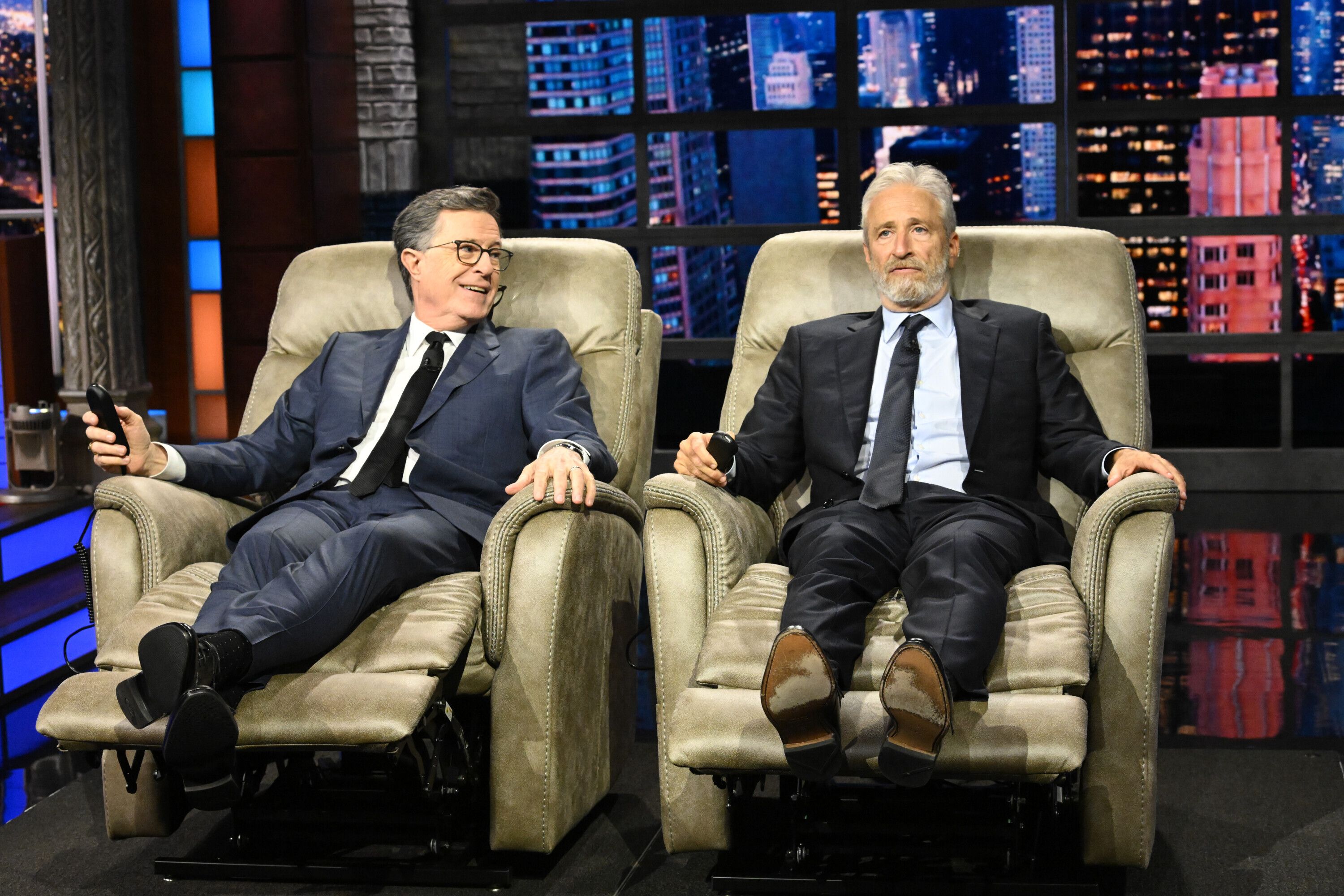 Stephen Colbert with guest Jon Stewart on Tuesday night's "The Late Show."