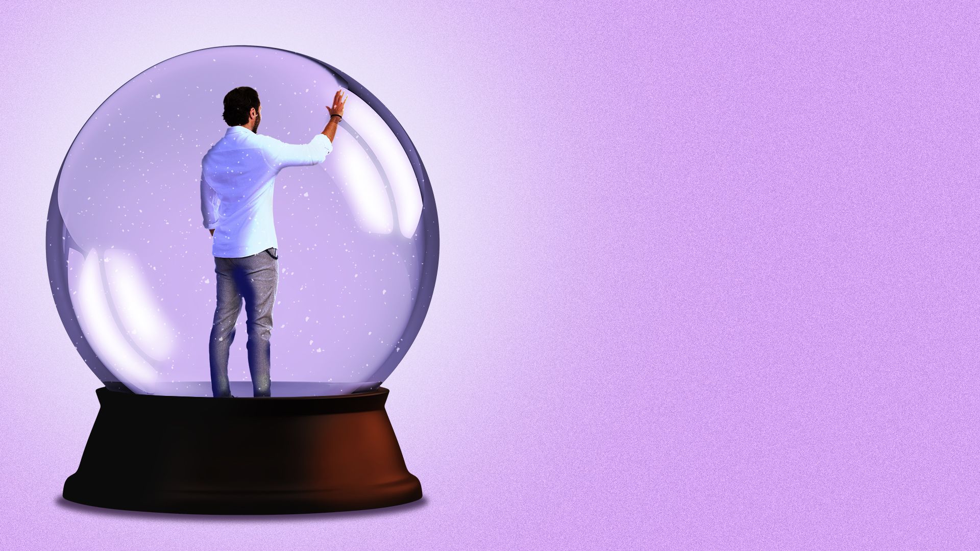 Illustration of a man in a snow globe placing his hand upon the glass