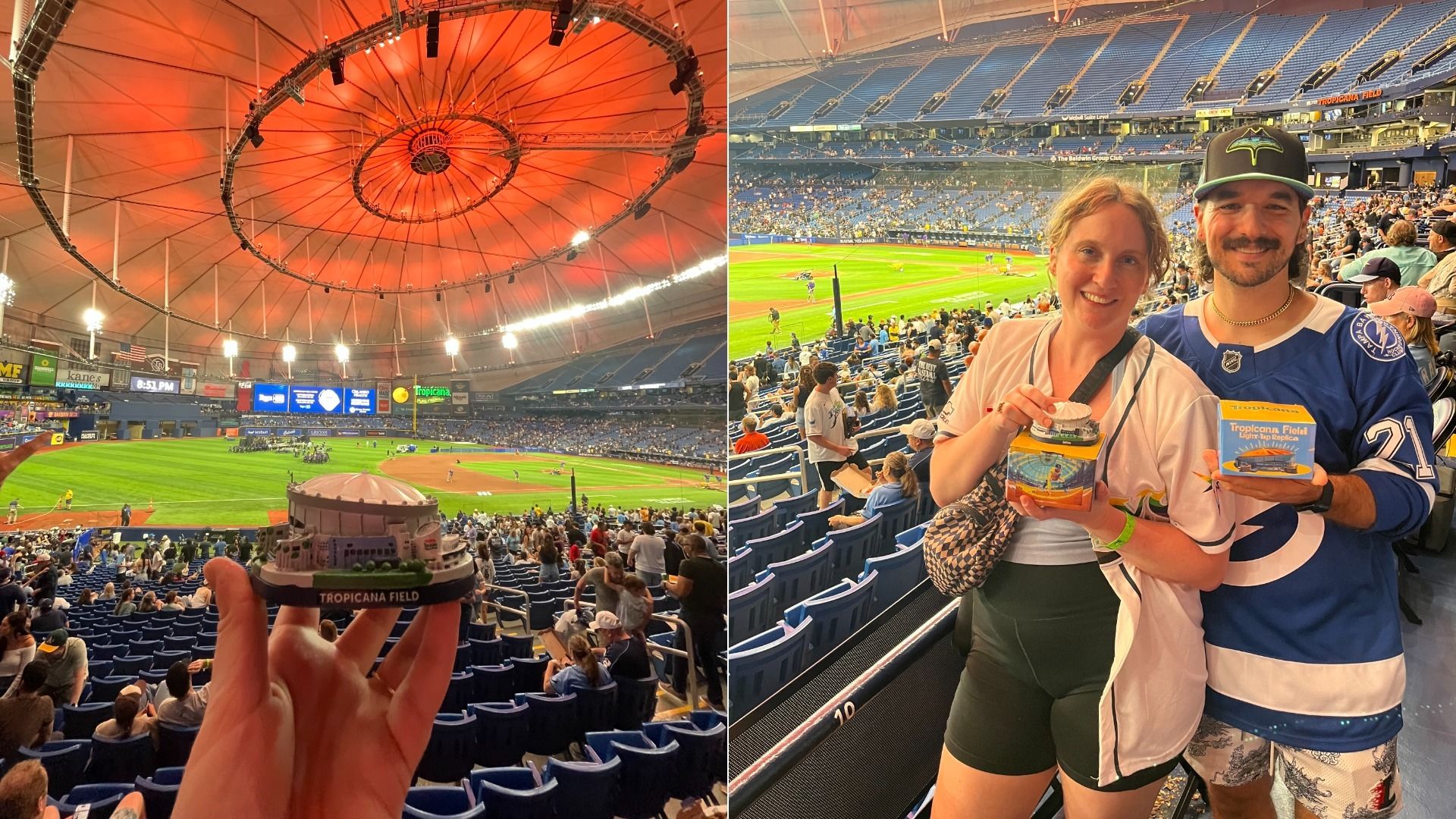 Split image: left shows Tropicana Field with an orange-lit circular ceiling and baseball diamond; right shows two fans in blue jerseys posing in the stands, smiling and holding a mini stadium model and a souvenir.