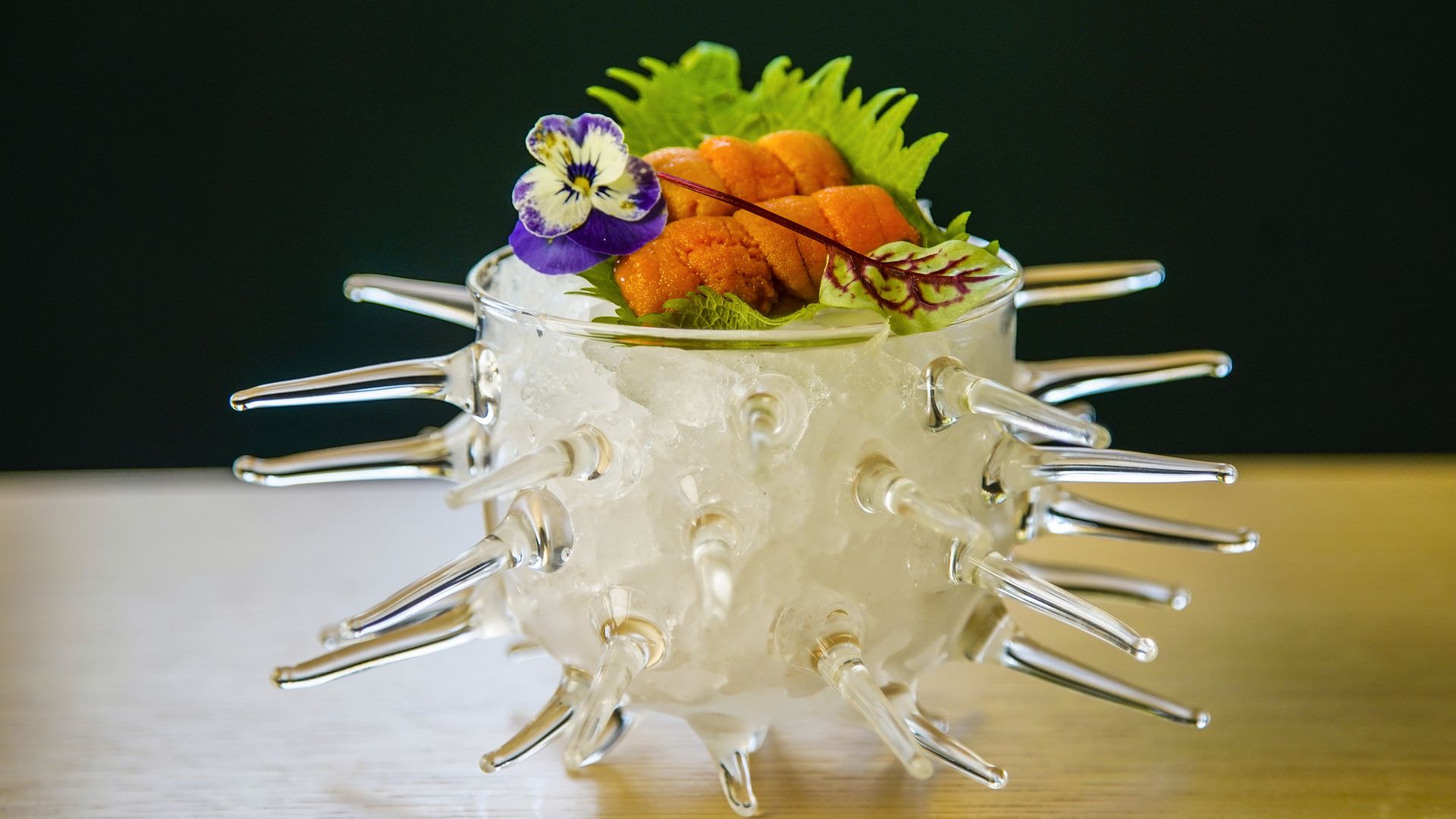 Uni (Hokkaido Sea Urchin) in a glass sea urchin bowl at Katami 