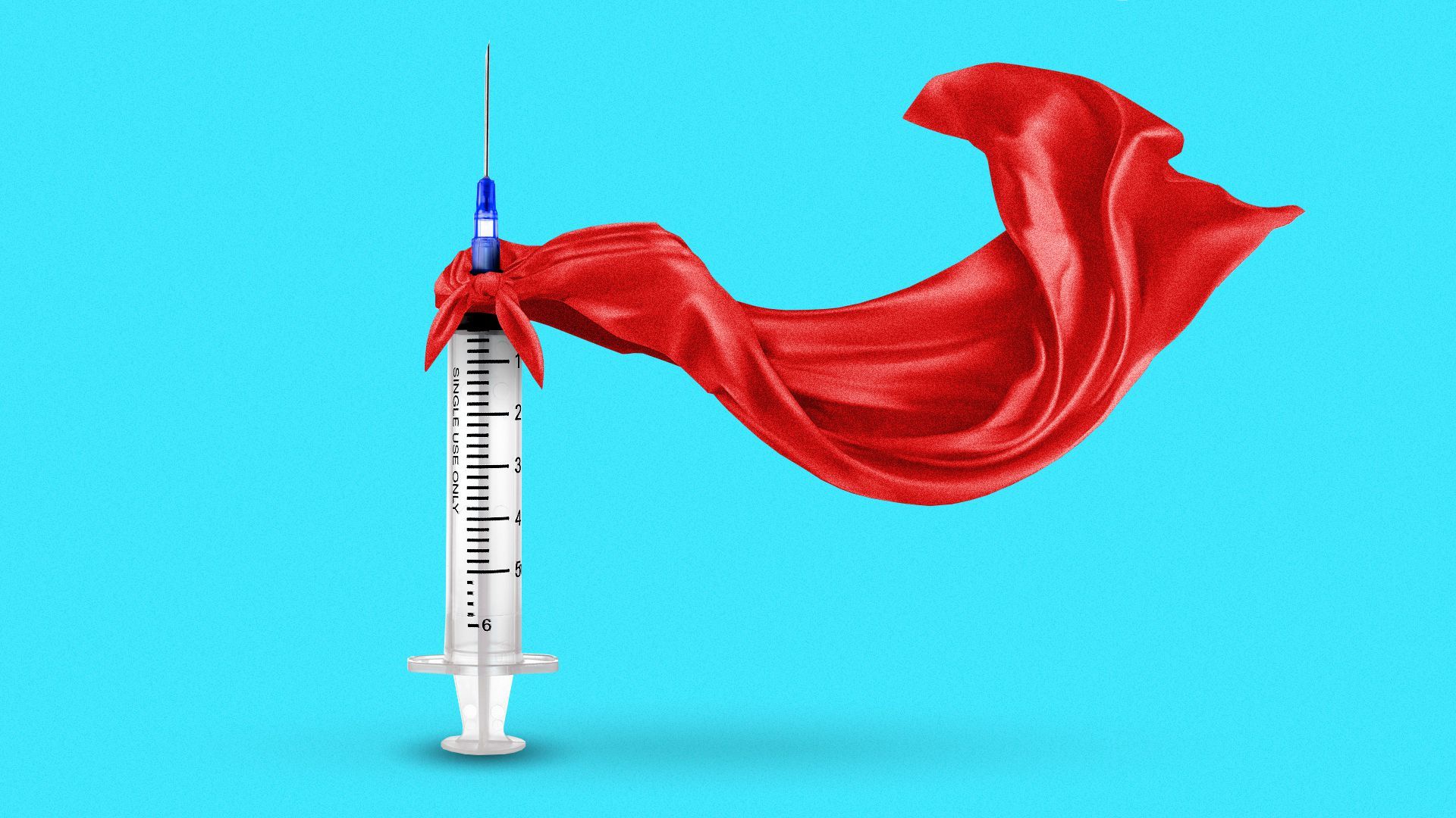 Illustration of an upright vaccine syringe wearing a hero's cape