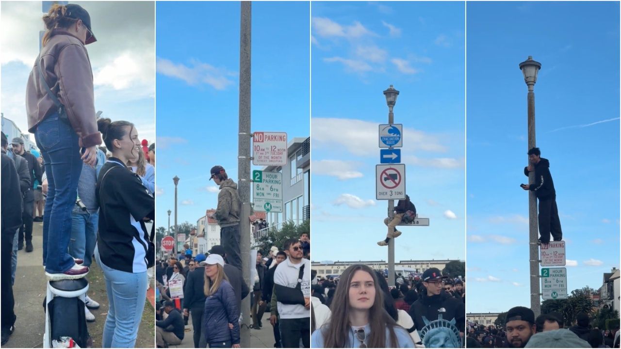 Four images showing diverse crowd scenes, with some individuals climbing or standing on poles and street signs, under a blue sky with scattered clouds.
