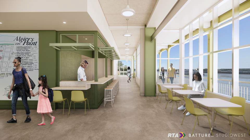 In a rendering, a long hallway is seen with floor to ceiling windows on one side. On the other side is a cafe counter.