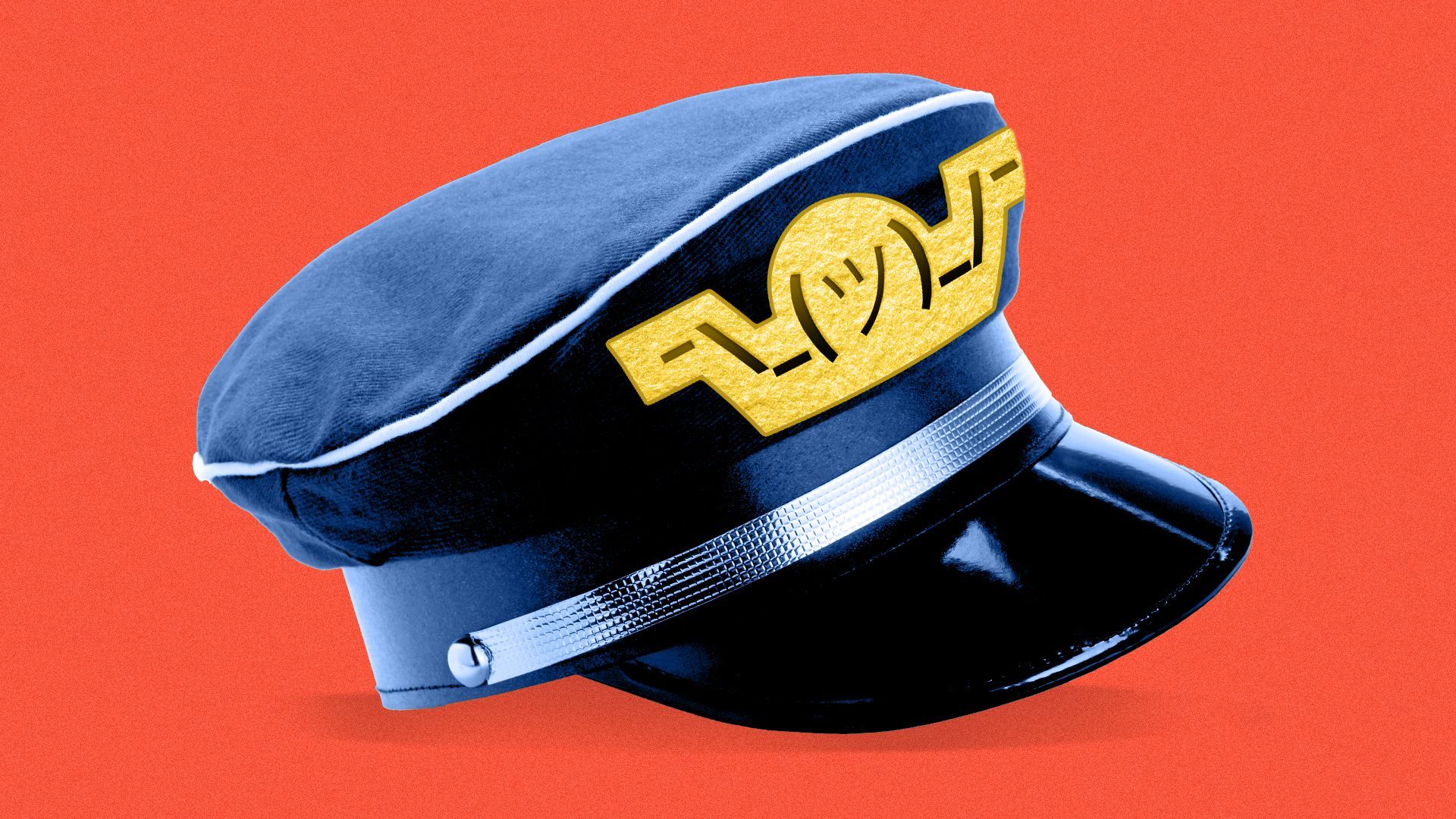 Illustration of a pilot's hat with a shrug emoji on it instead of wings. 
