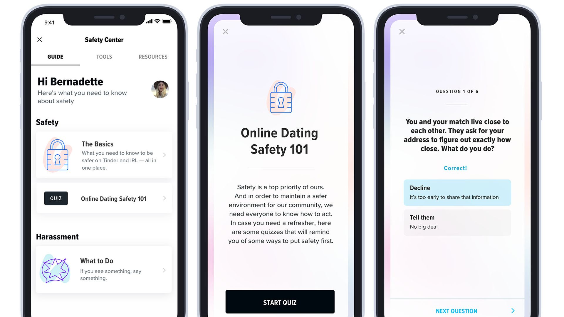 Screenshots from the safety center in Match Group dating apps