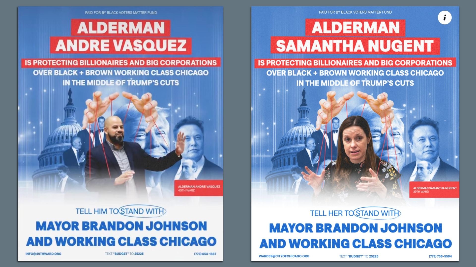 Two side-by-side political posters accusing Aldermen Andre Vasquez and Samantha Nugent of favoring billionaires over Black and Brown working-class Chicago, urging support for Mayor Brandon Johnson.