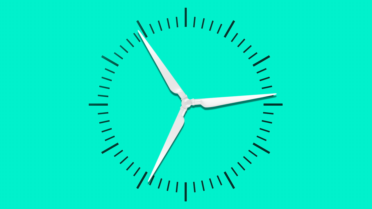 Animated illustration of a wind turbine rotating on a clock face.