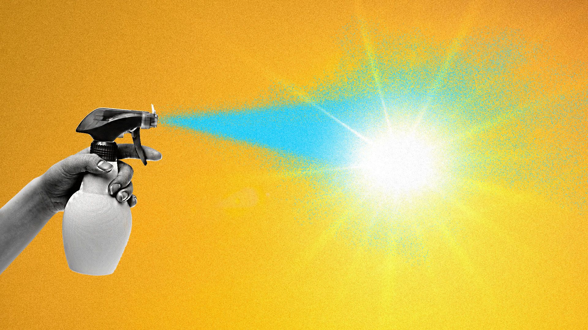 A hand with a spray bottle spraying a solution that is making a harsh sky blue.