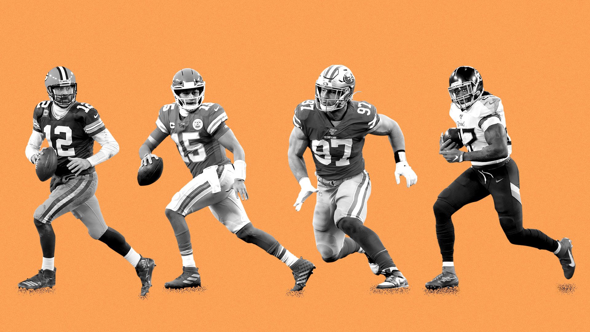 Photo illustration of Aaron Rodgers, Patrick Mahomes, Nick Bosa, and Derrick Henry (left to right)