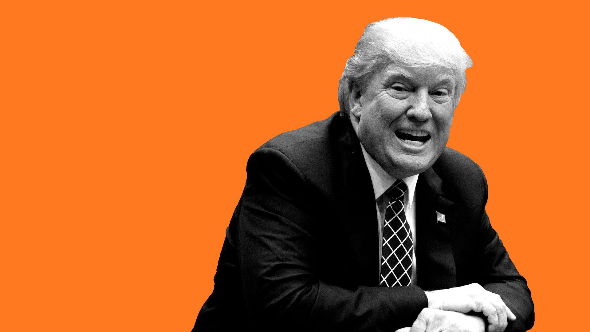 Illustration of Trump leaning over and speaking at a table (in black and white) with an orange background