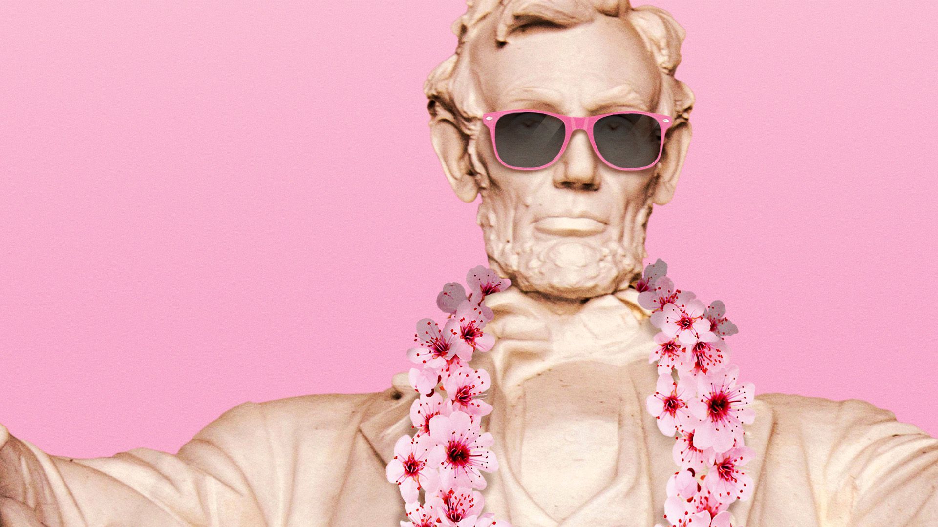 Illustration of the Lincoln Memorial wearing pink sunglasses and a lei made of cherry blossom flowers.