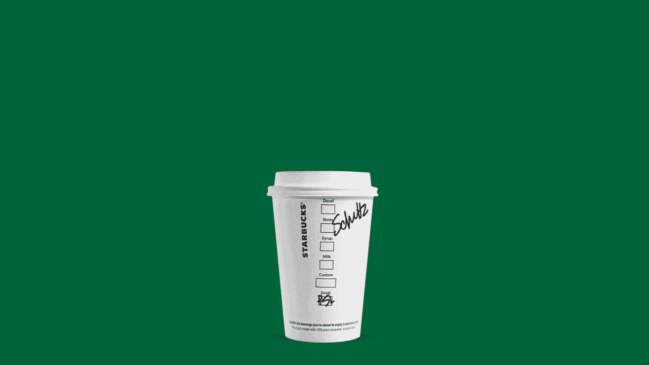 Illustration of Starbucks cup with Schultz's name pushed aside by Starbucks cup that says "Dems"