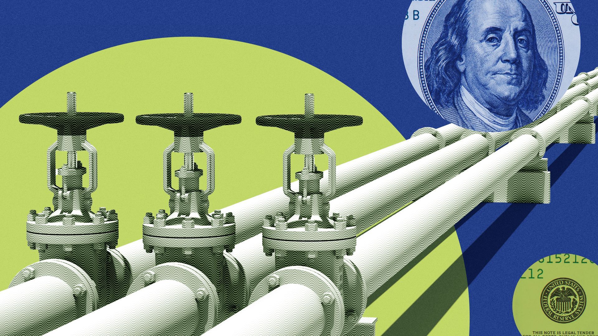 Illustration of a pipeline surrounded by money elements and abstract shapes.