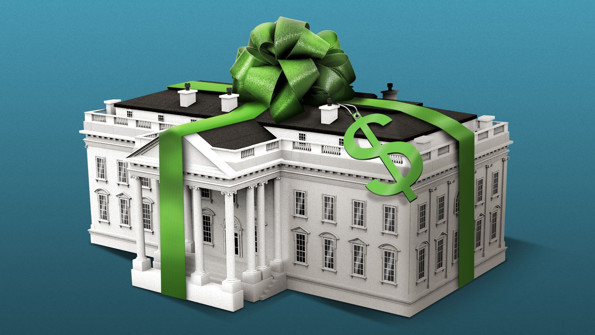 Illustration of the White House wrapped in green paper with a dollar sign tag
