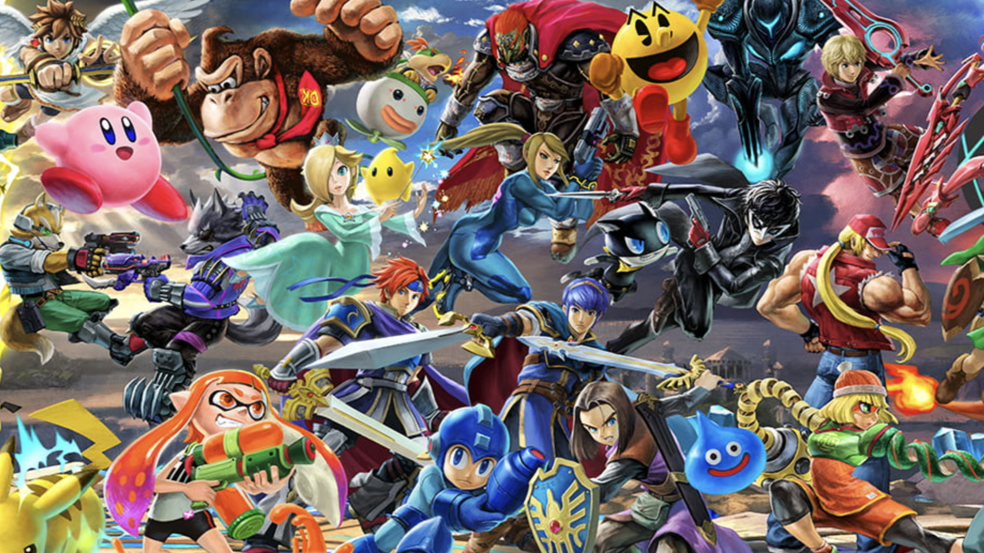 An illustration showing a plethora of Smash Bros characters
