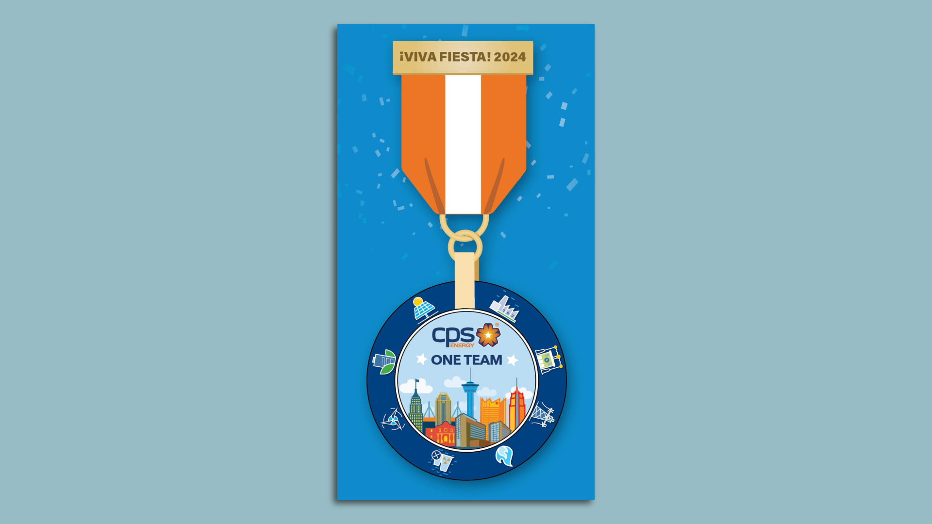 CPS Energy's 2024 Fiesta medal is blue and orange with "One team" written over the city skyline.
