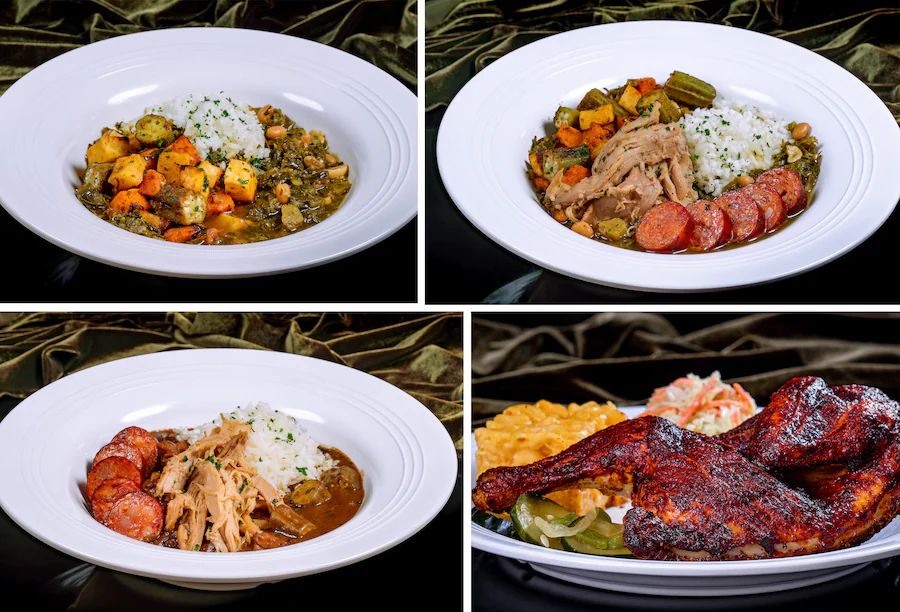 Pictures show four dishes at Tiana's Palace, including gumbo and roasted chicken