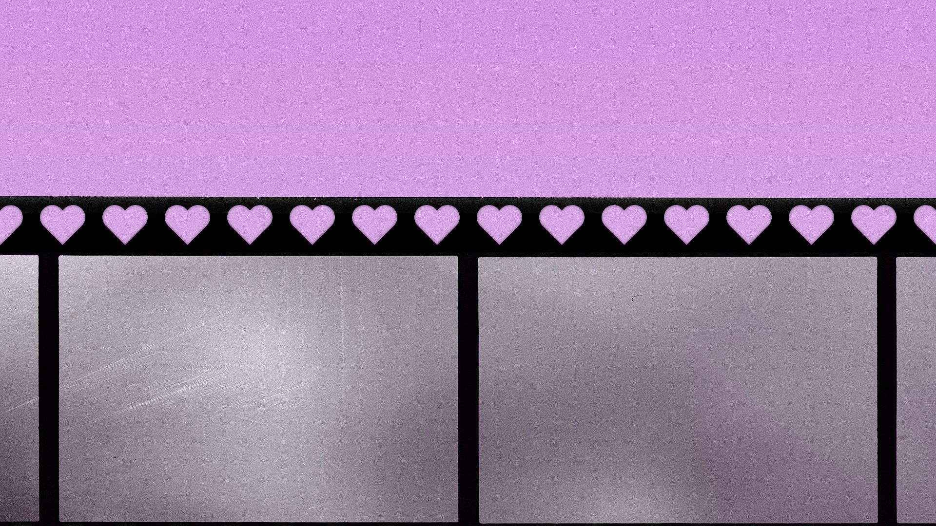 Illustration of a close up of a reel of 35mm film with the sprocket holes in the shape of hearts. 