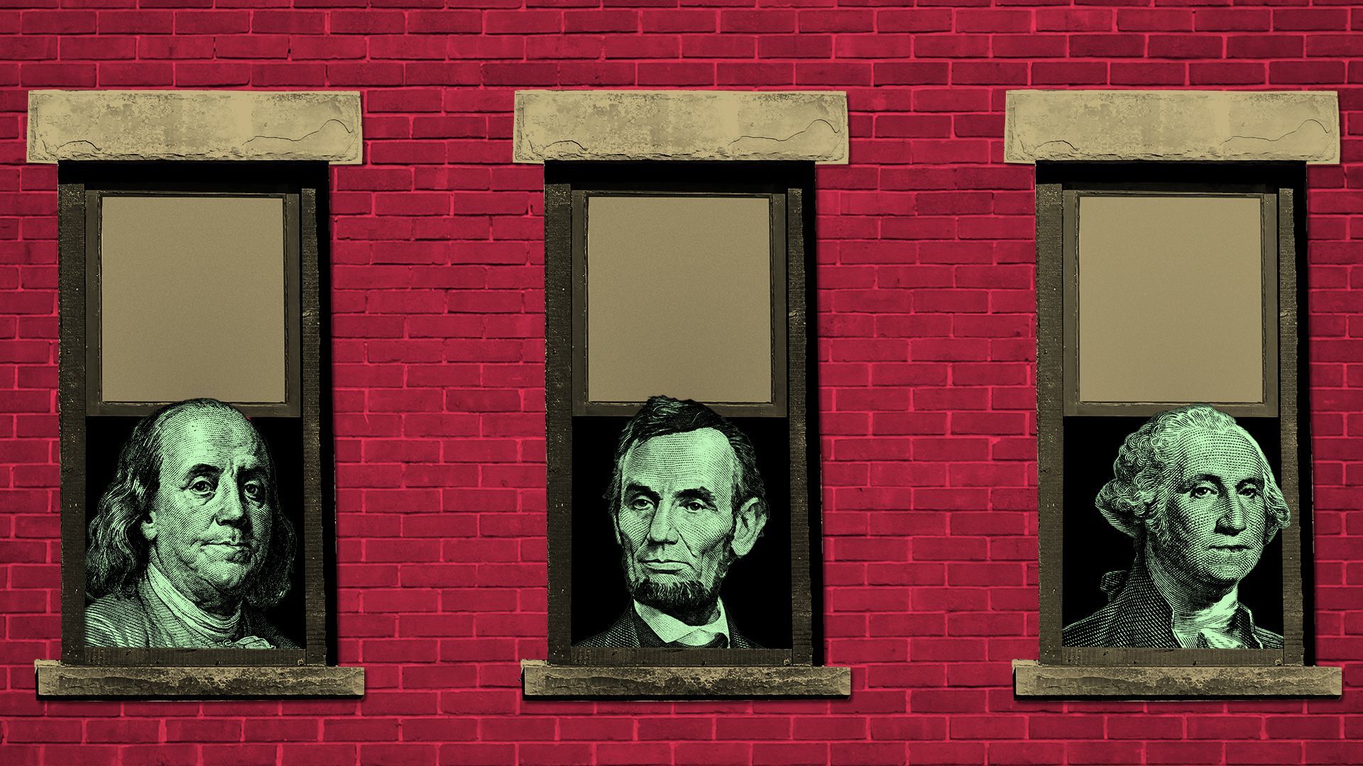 Illustration of three windows on a brick wall, with Ben Franklin, Abraham Lincoln, and George Washington in them.