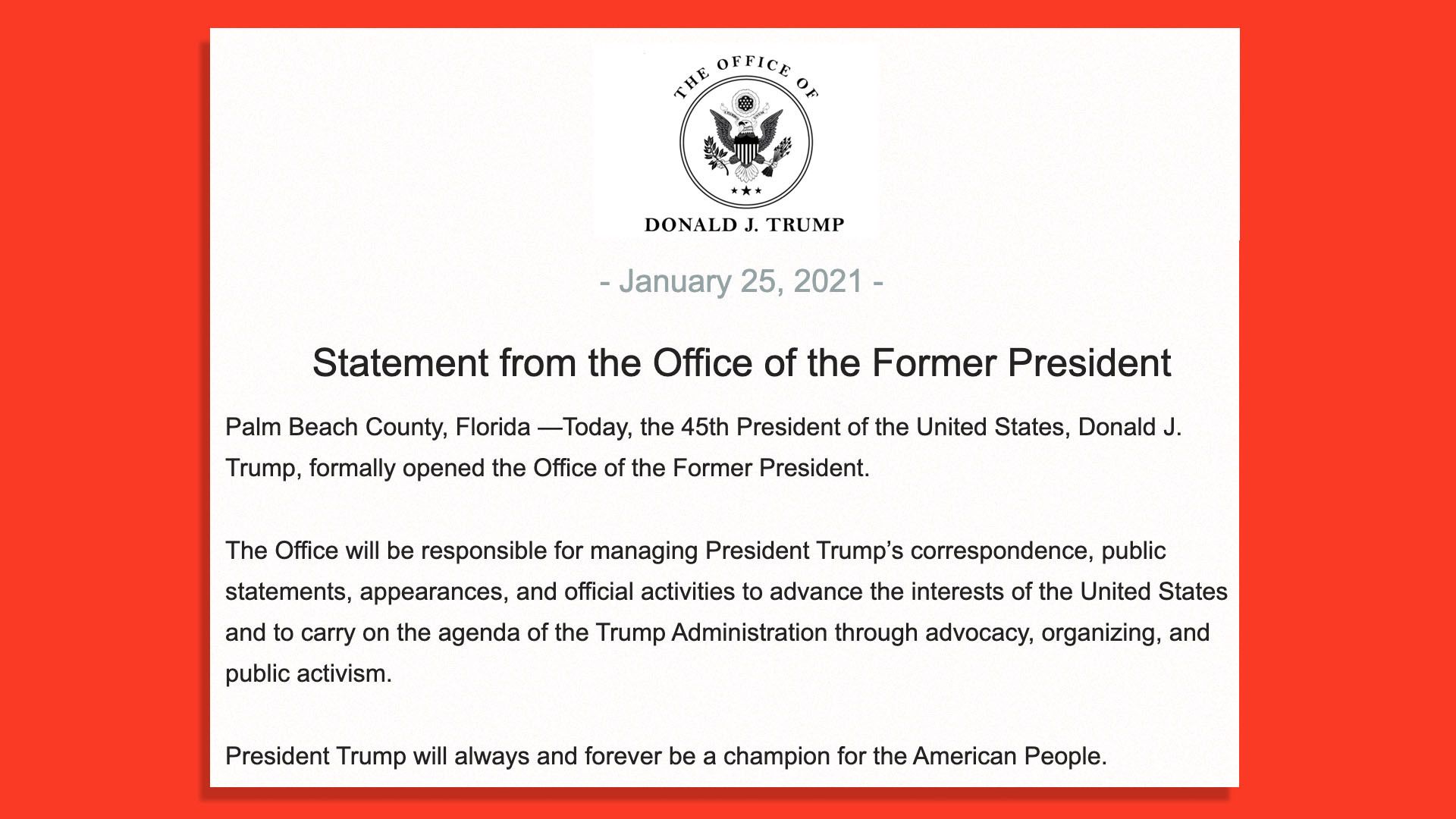 A screen shows a statement announcing former President Trump has set up an official office.