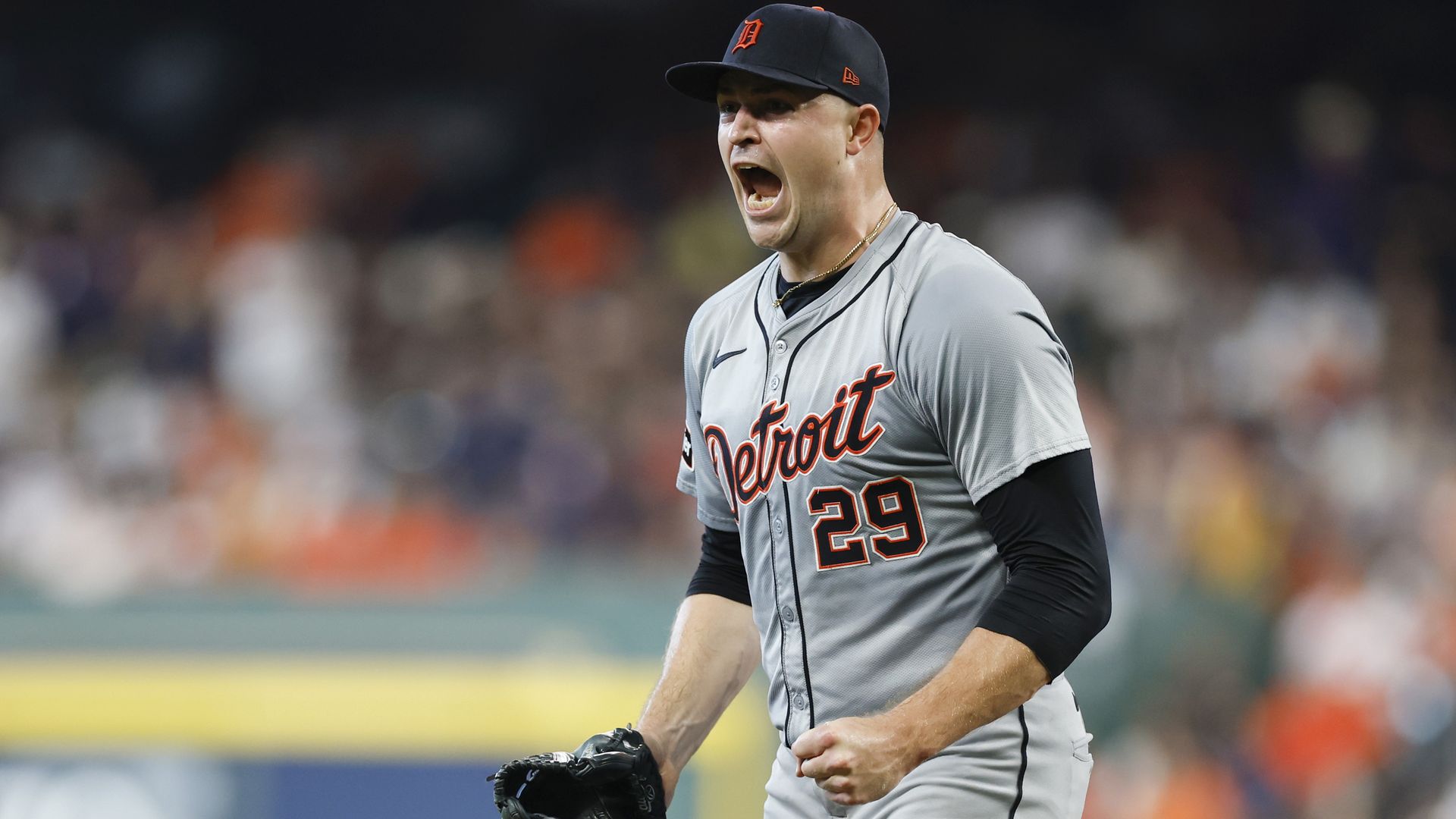 Tigers pitcher Tarik Skubal reacts after a strikeout against the Astros in Game 1 of the wild-card series.