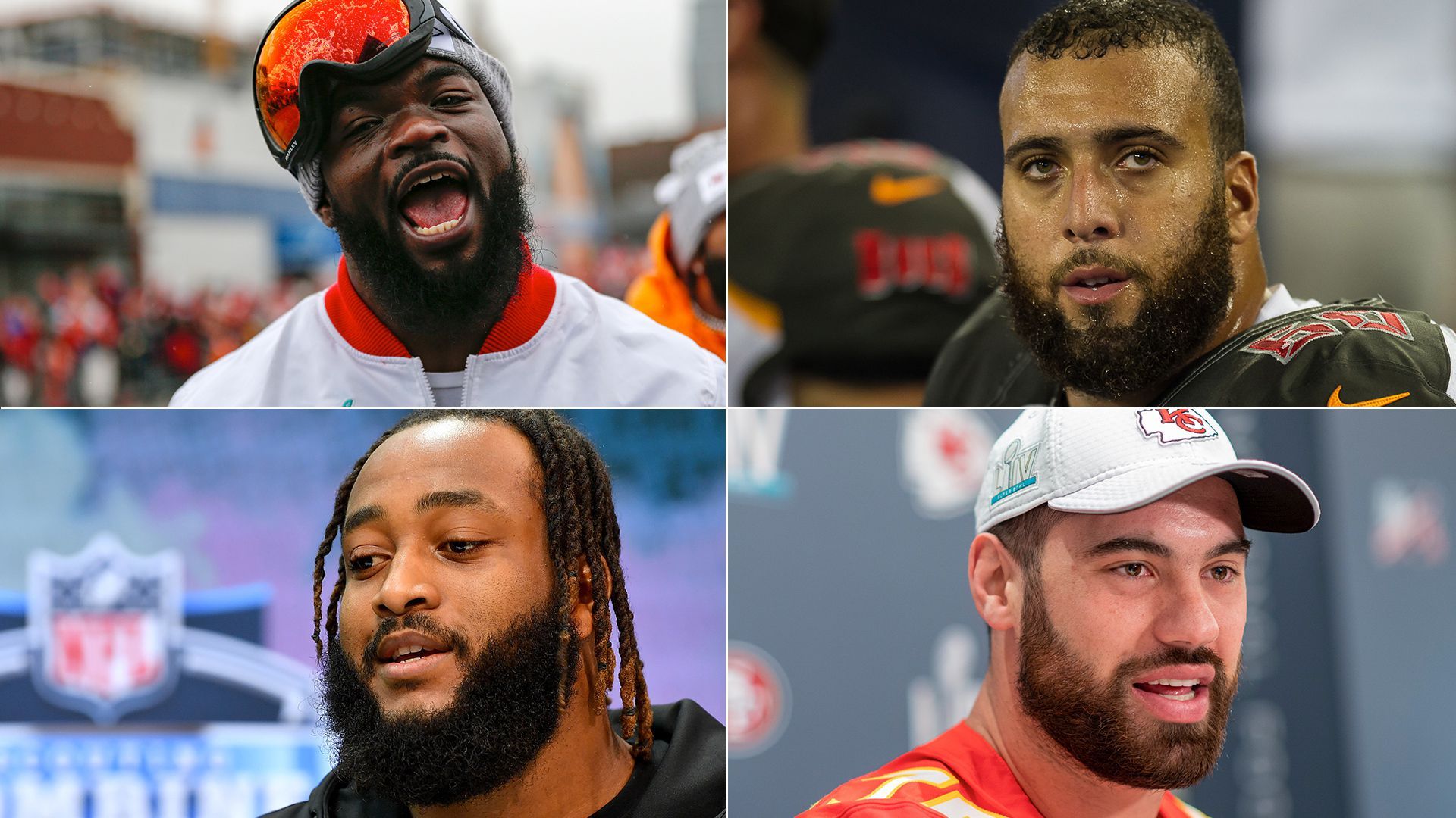 Collage picture of Damien Williams, Brad Seaton, Laurent Duvernay-Tardif, and Lucas Niang