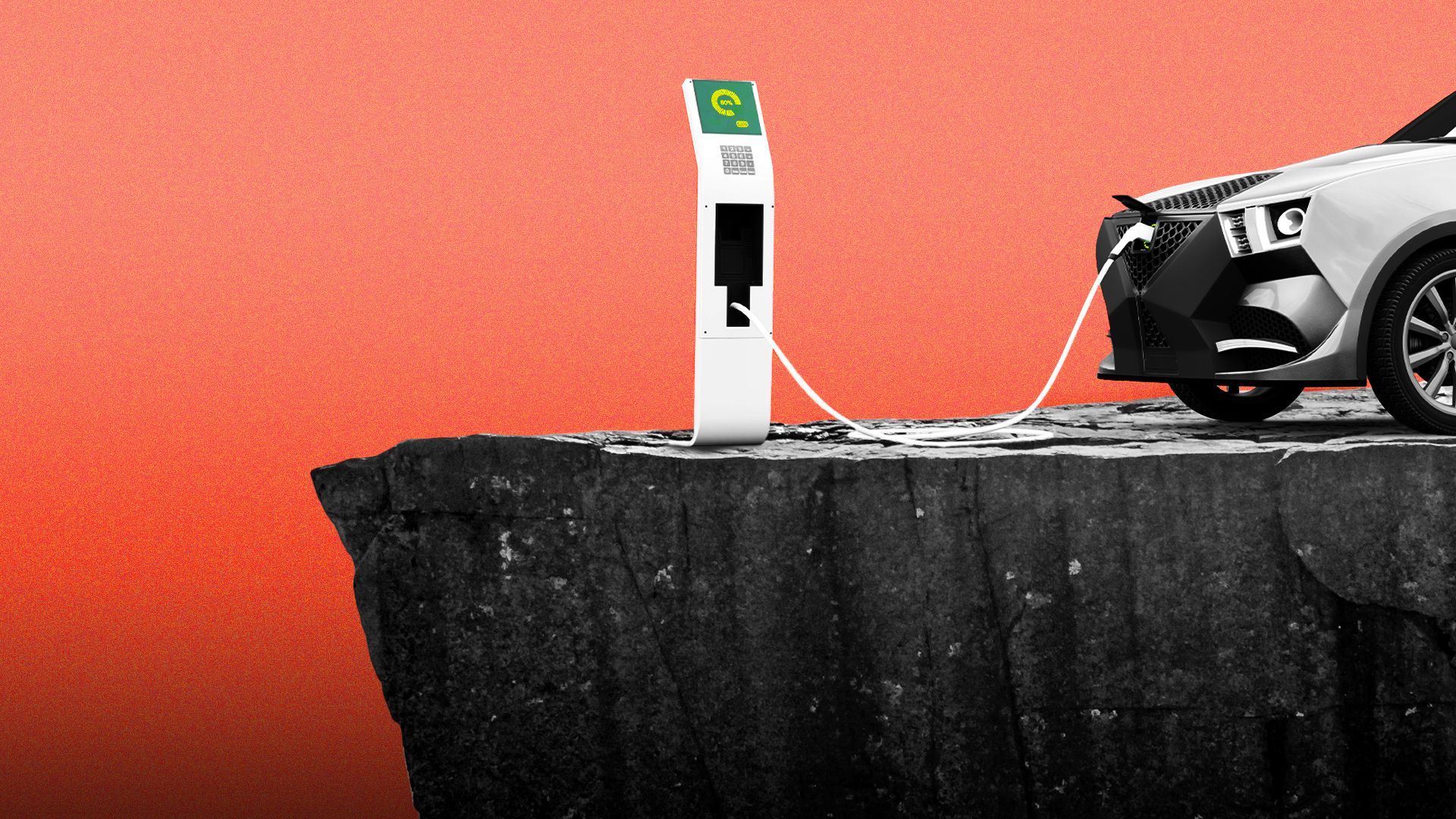 Illustration of an electric vehicle and a charging station at the edge of a cliff.