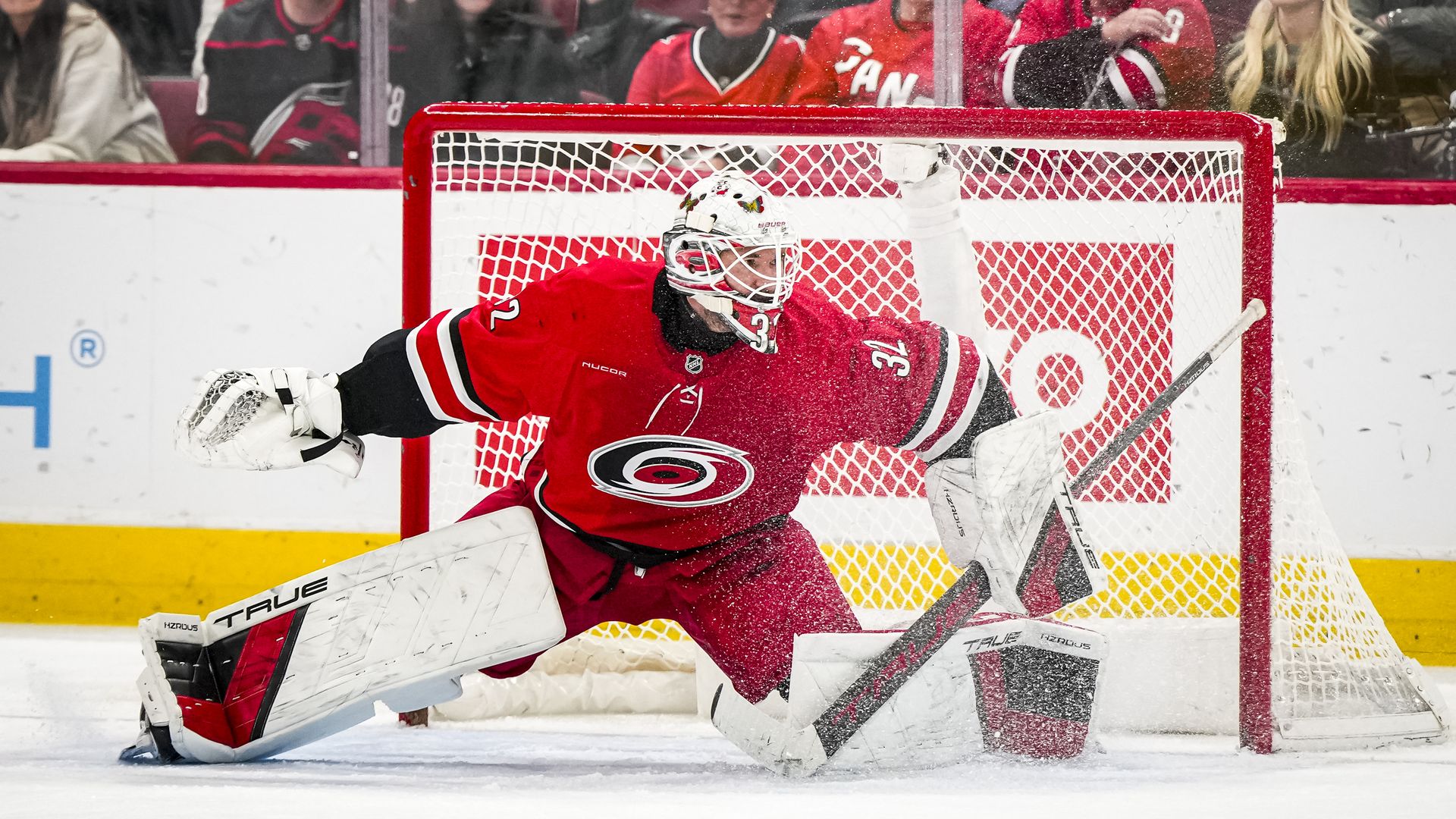 RALEIGH, NORTH CAROLINA - DECEMBER 09: Goaltender Brandon Bussi #32 of the Carolina Hurricanes defends the net in the second period of a game against the Columbus Blue Jackets at Lenovo Center on December 9, 2025 in Raleigh, North Carolina. (Photo by Josh Lavallee/NHLI via Getty Images)
