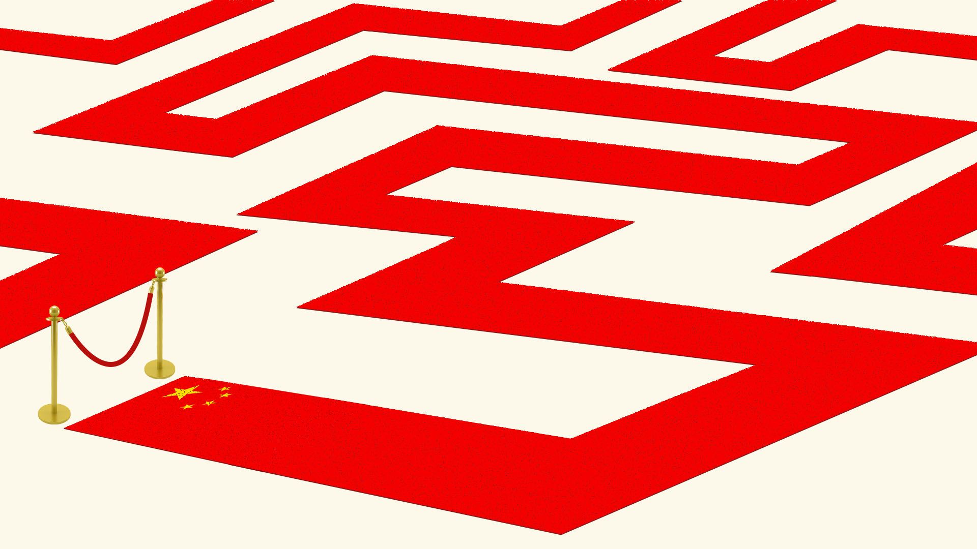 Illustration of the Chinese flag as a long winding red carpet