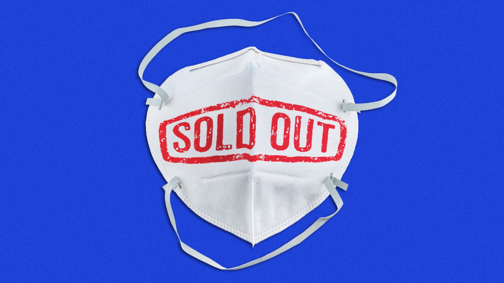 A white mask has the words "sold out" written in red on it against a blue background.