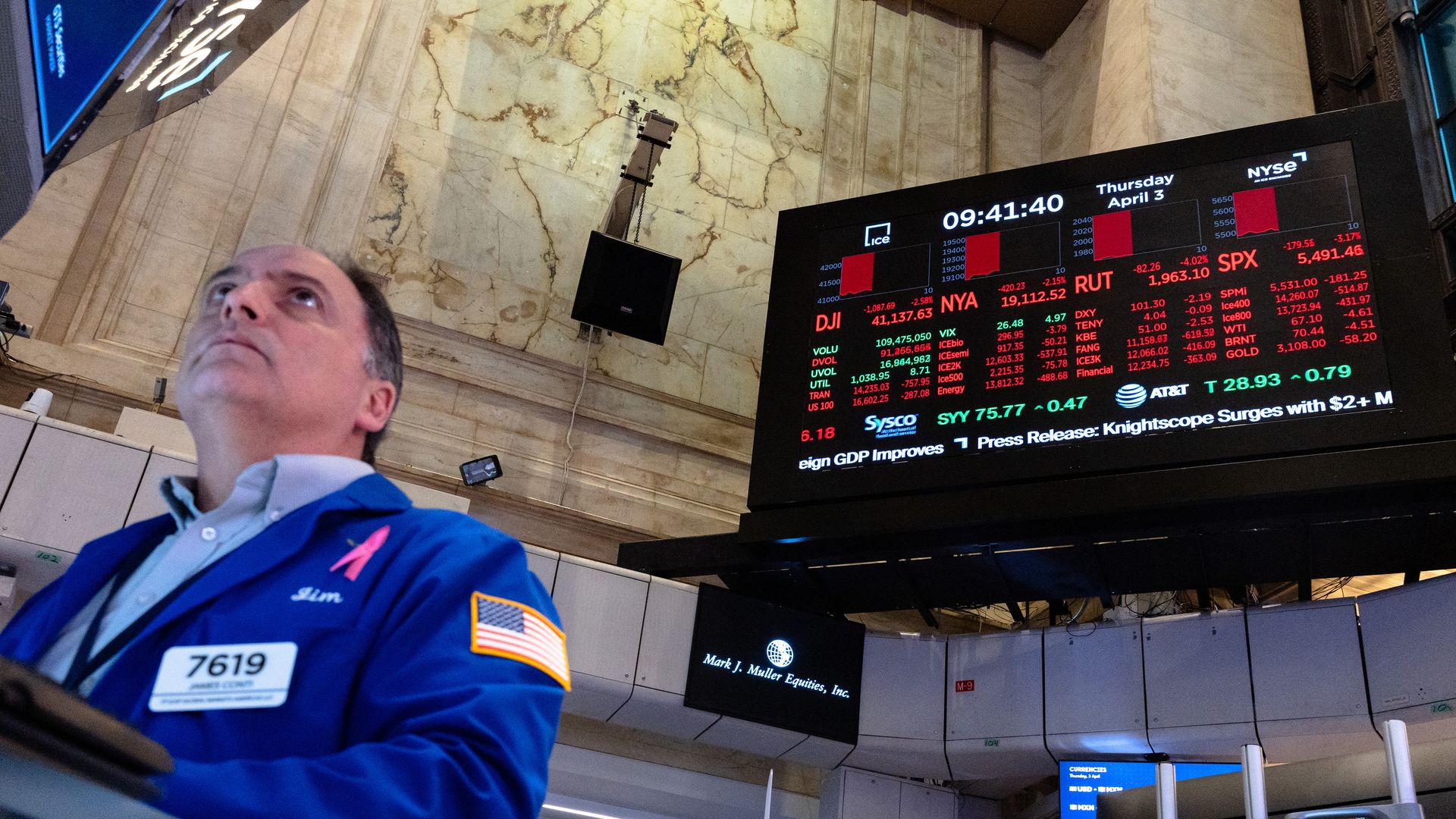 A trader on the floor of the New York Stock Exchange on April 3, 2025.