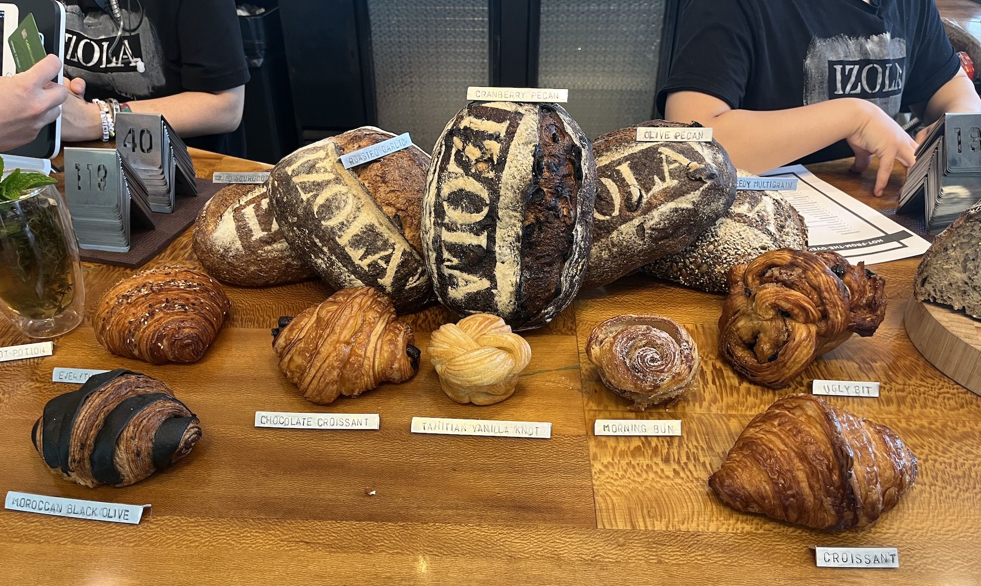 A spread of baked goods on display.