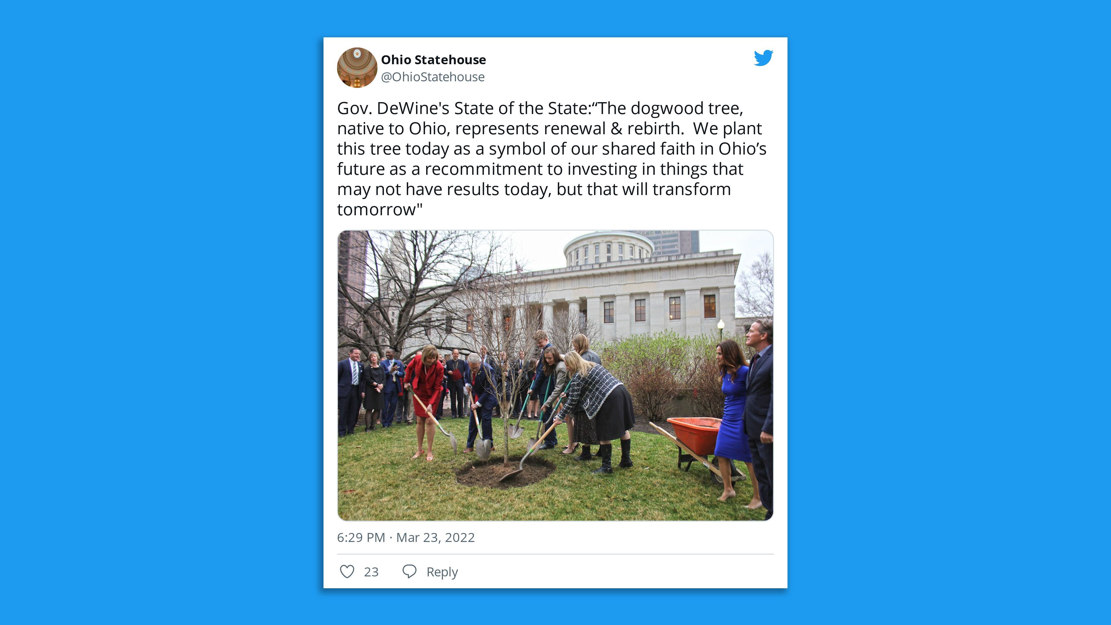 A Twitter photo showing Gov. Mike DeWine planting a tree on the Ohio Statehouse grounds. 