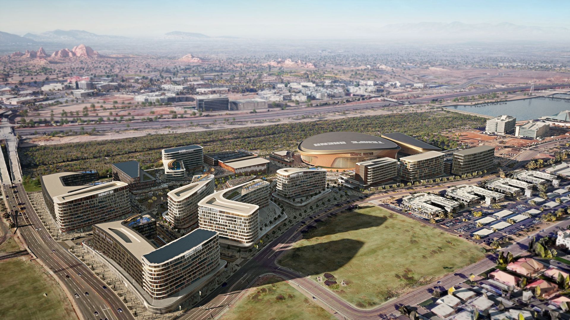 An artist's rendering of an arena surrounded by apartments and other large buildings. 