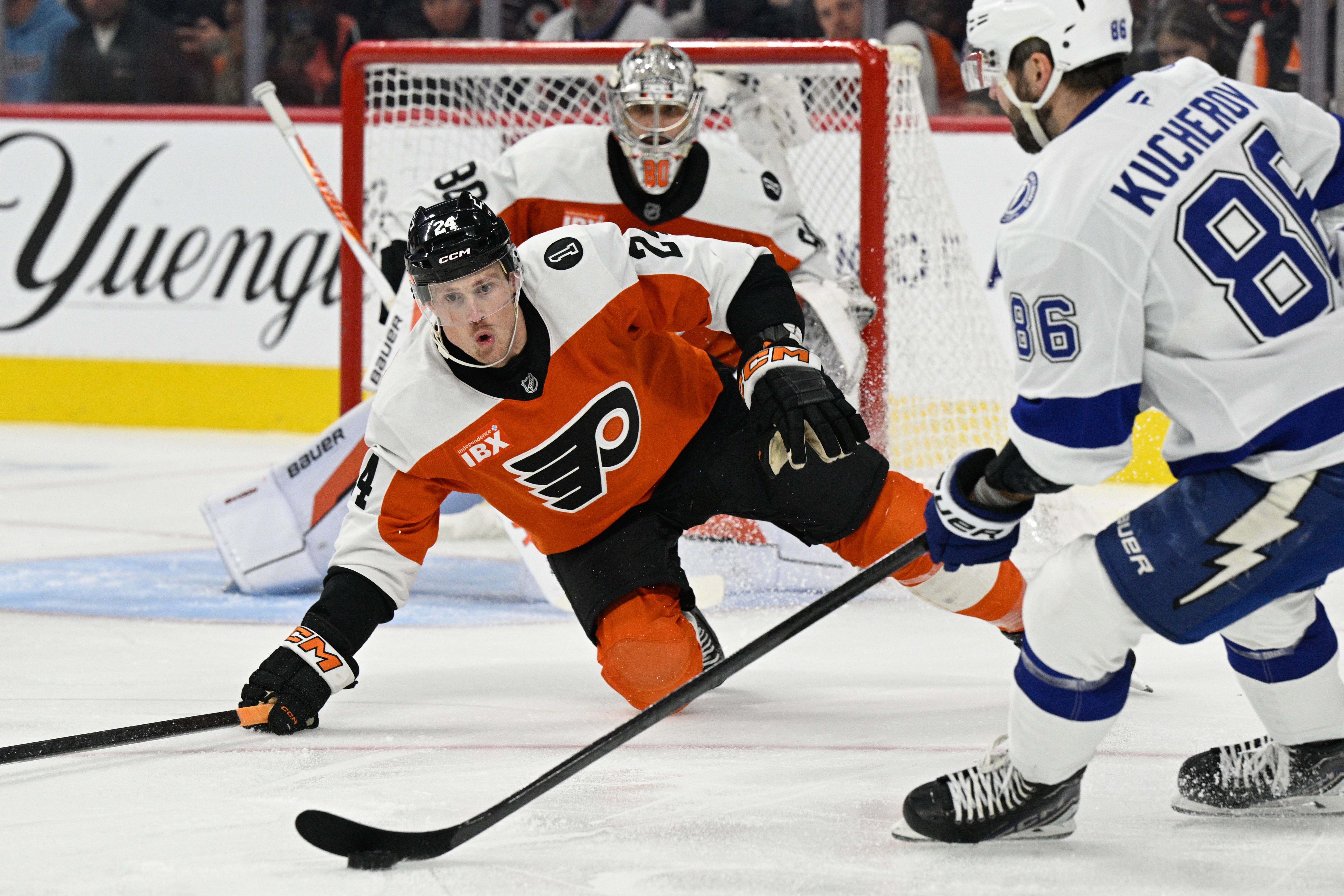 Philadelphia Flyers defenseman Nick Seeler blocks a shot in a January game against the Tampa Bay Lightning. Photo: Terence Lewis/Icon Sportswire via Getty Images
