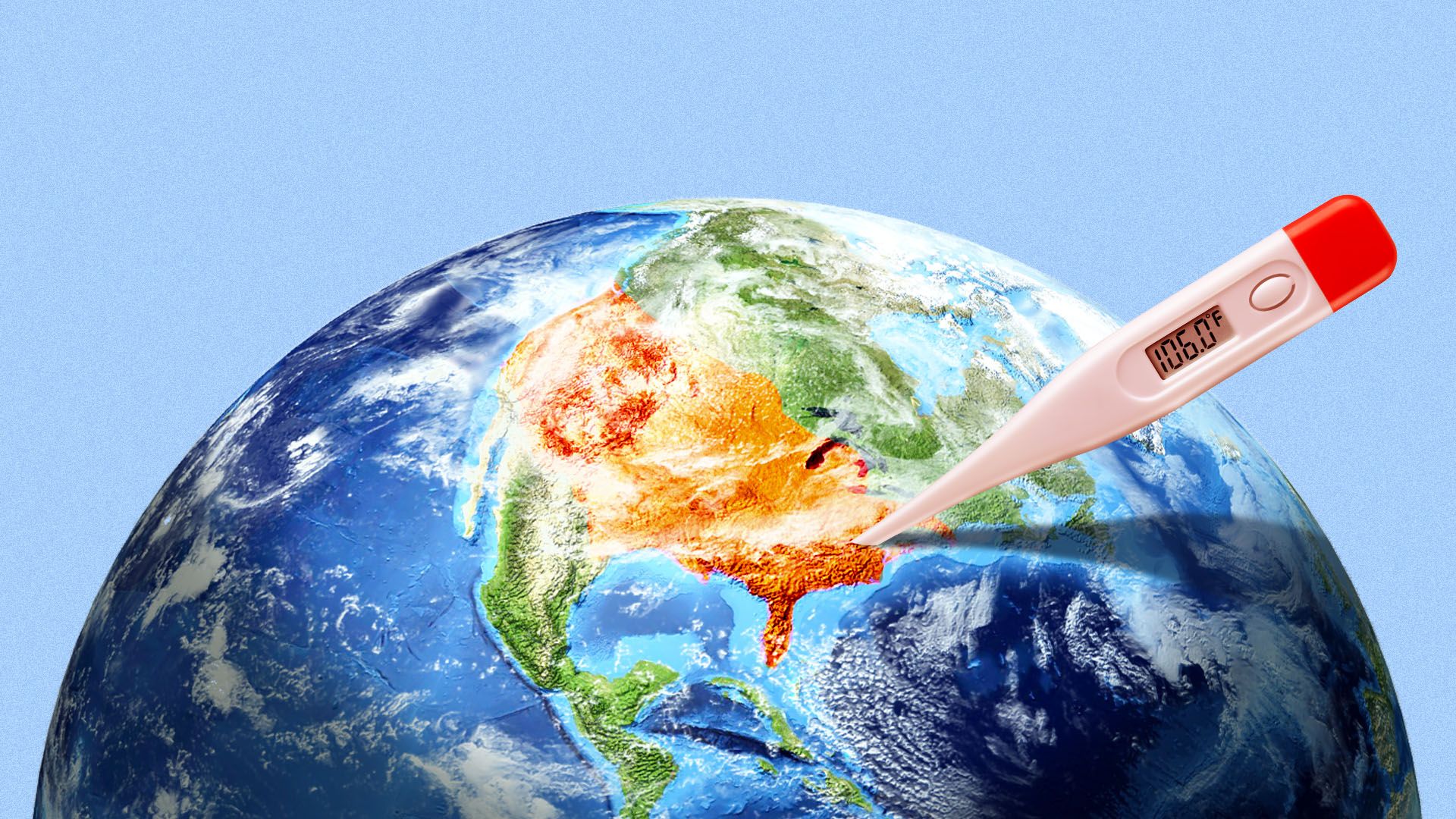 Illustration of the earth with a thermometer sticking out of Washington, D.C., reading 106 degrees fahrenheit