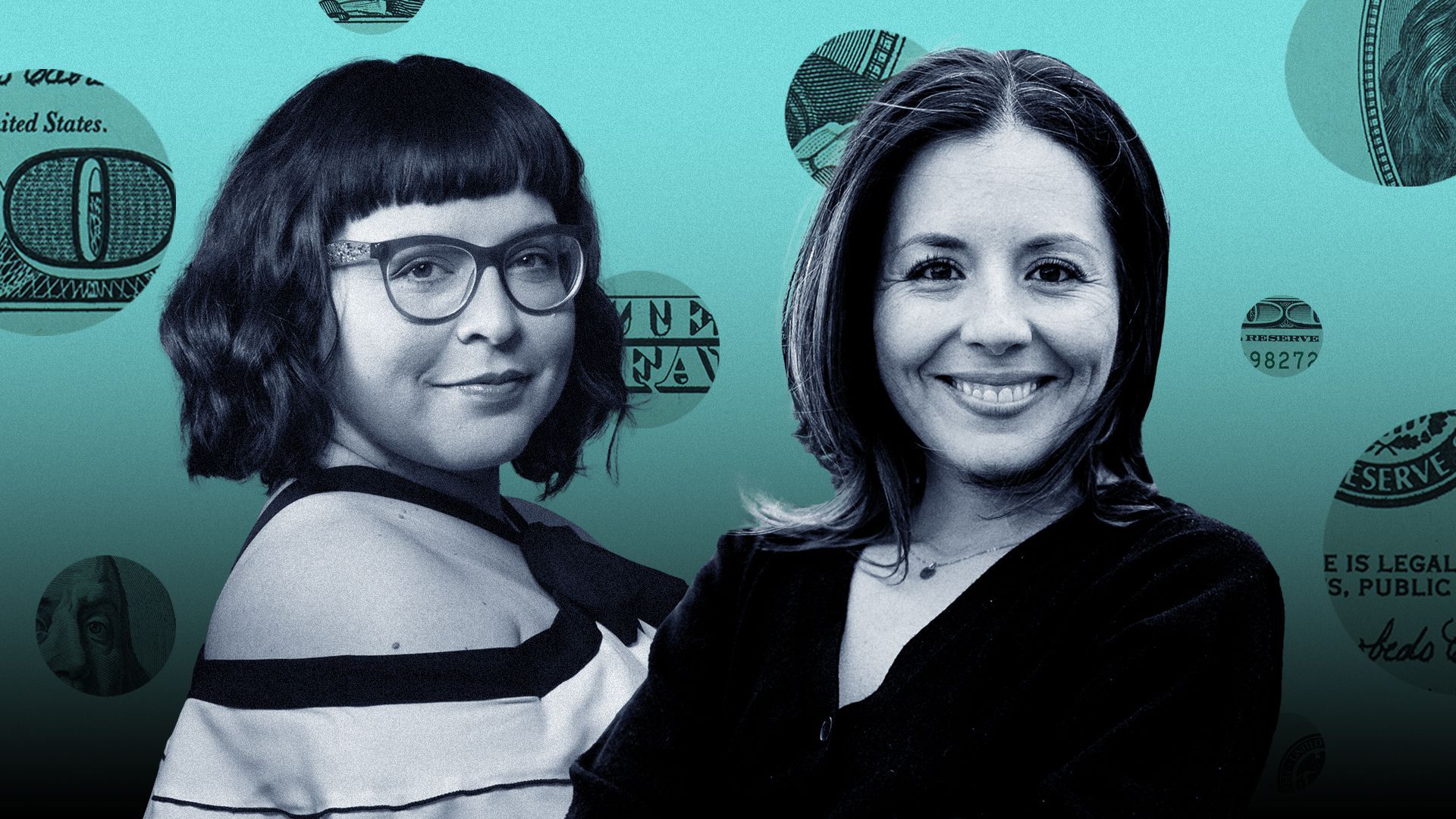  Photo Illustration of Jessica Morales Rocketto and Stephanie Valencia with circles of money.