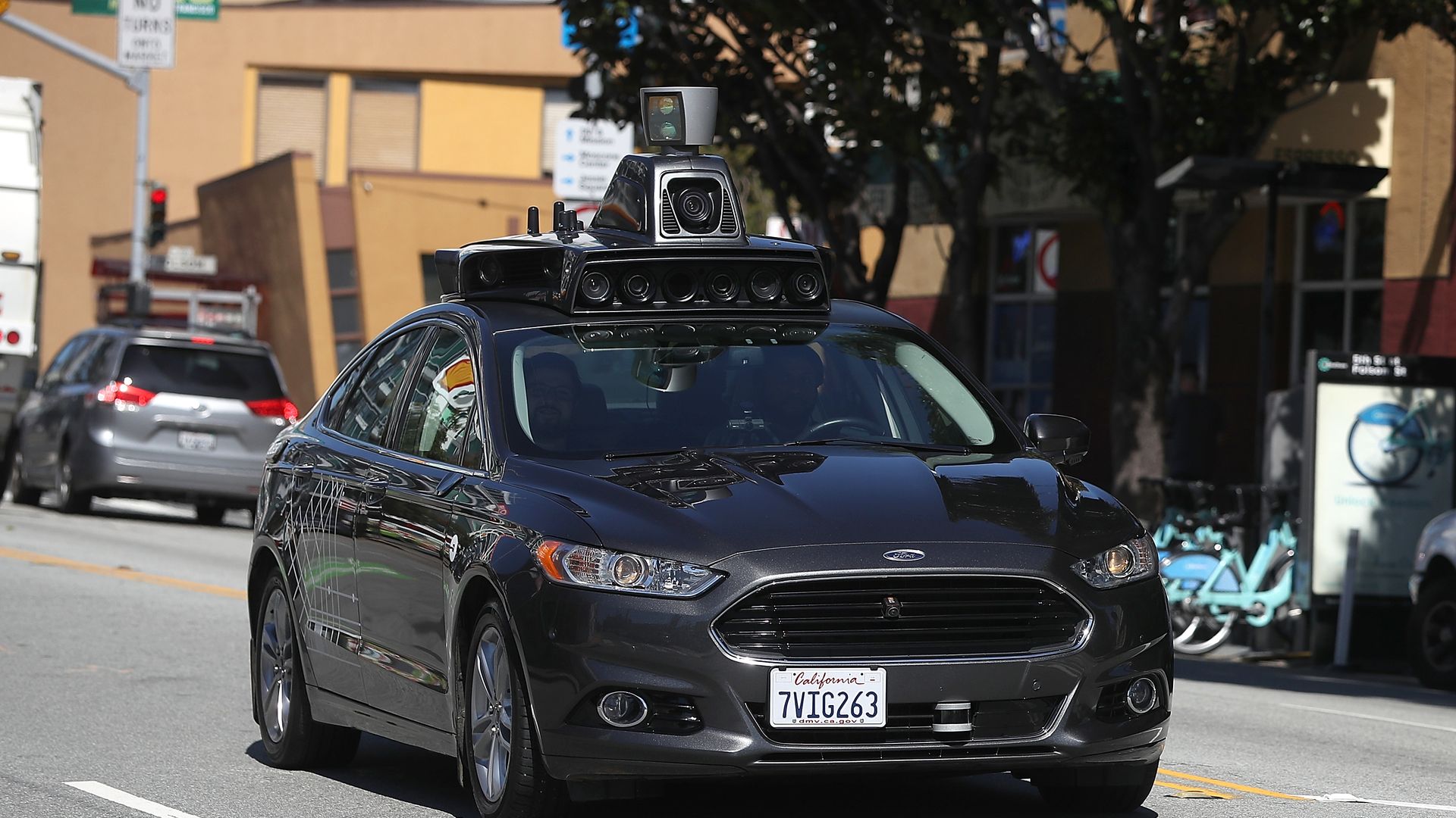 An Uber self-driving car on the road in San Francisco in March 2018, after Uber resumed their self-driving car program following a fatal crash.