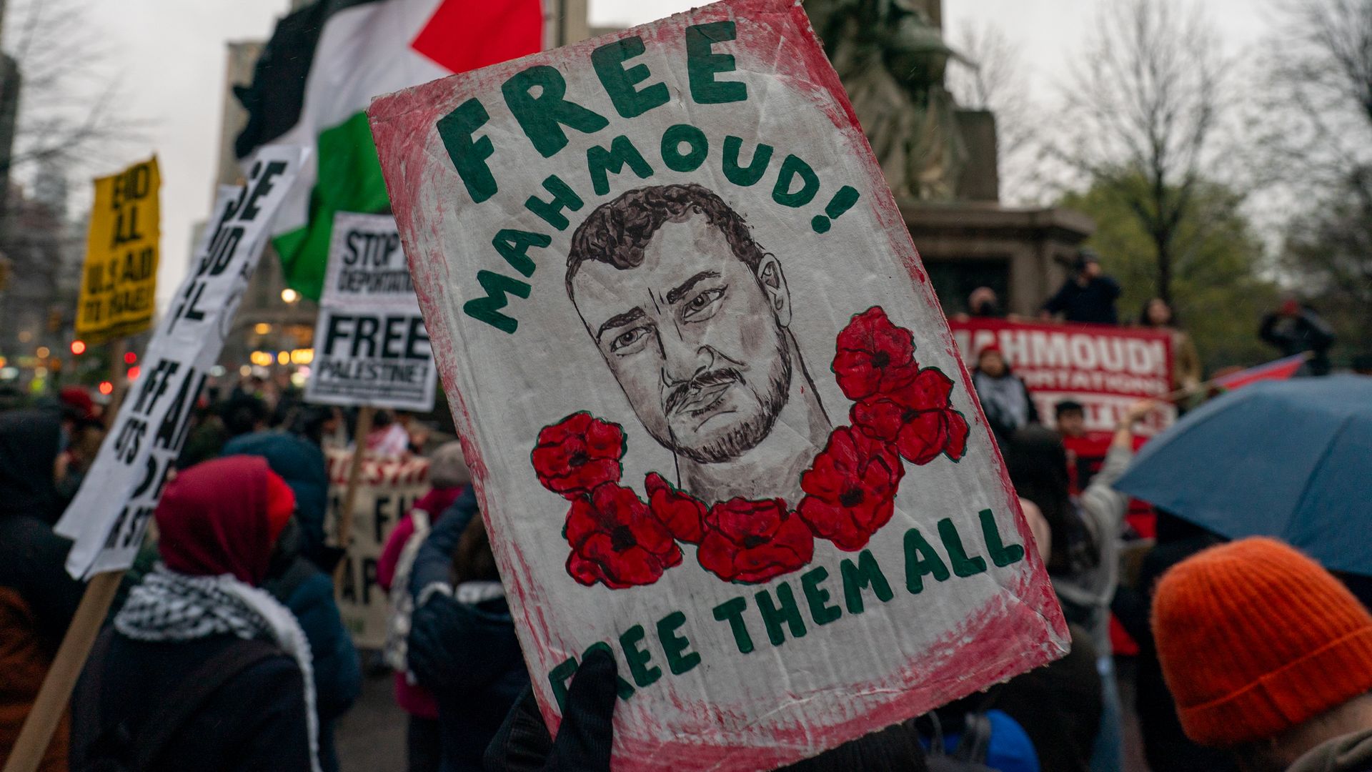 Demonstrators gather in Columbus Circle in solidarity and to demand the release of detained Columbia University graduate student Mahmoud Khalil on April 12, 2025 in New York City. An immigration judge ruled that Columbia University graduate student Mahmoud Khalil can be deported as a national securi