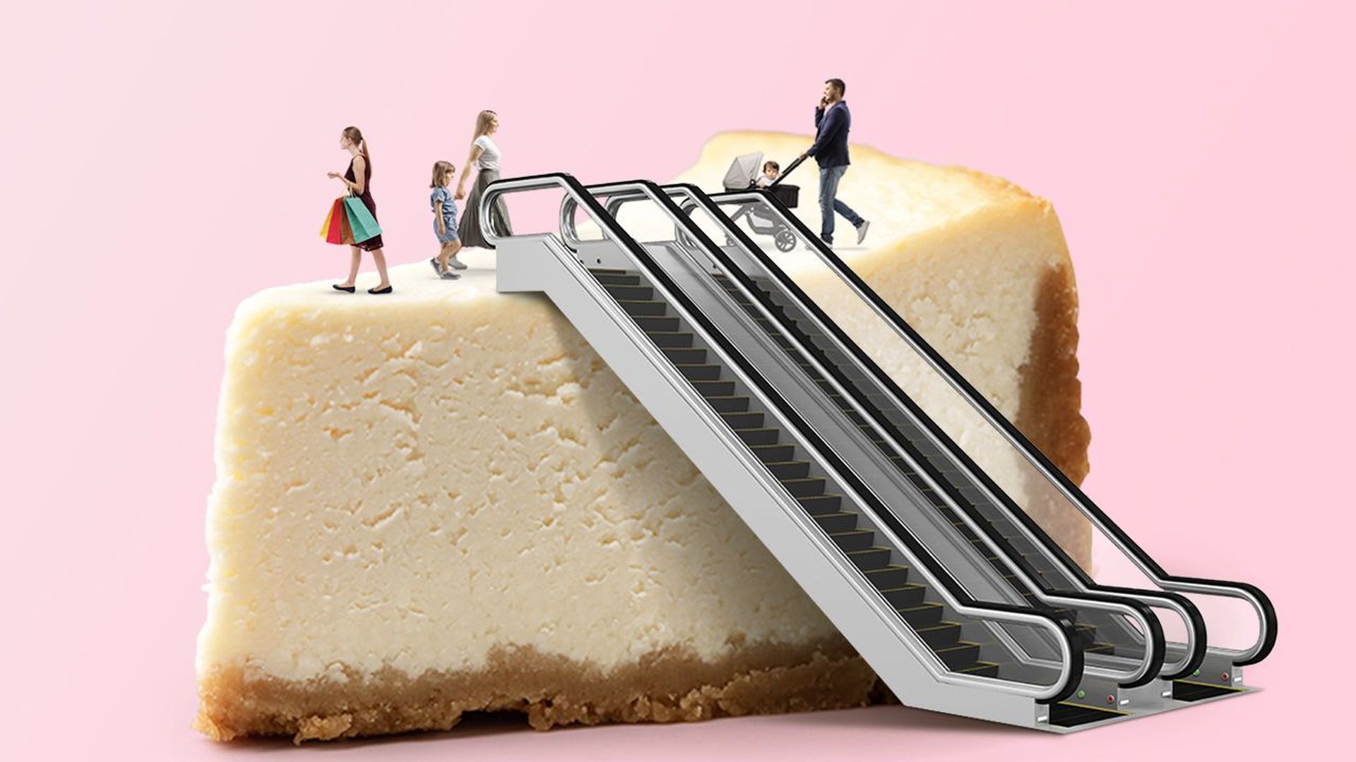 Illustration of a slice of cheesecake with an escalator leading to the top where tiny shoppers are walking around