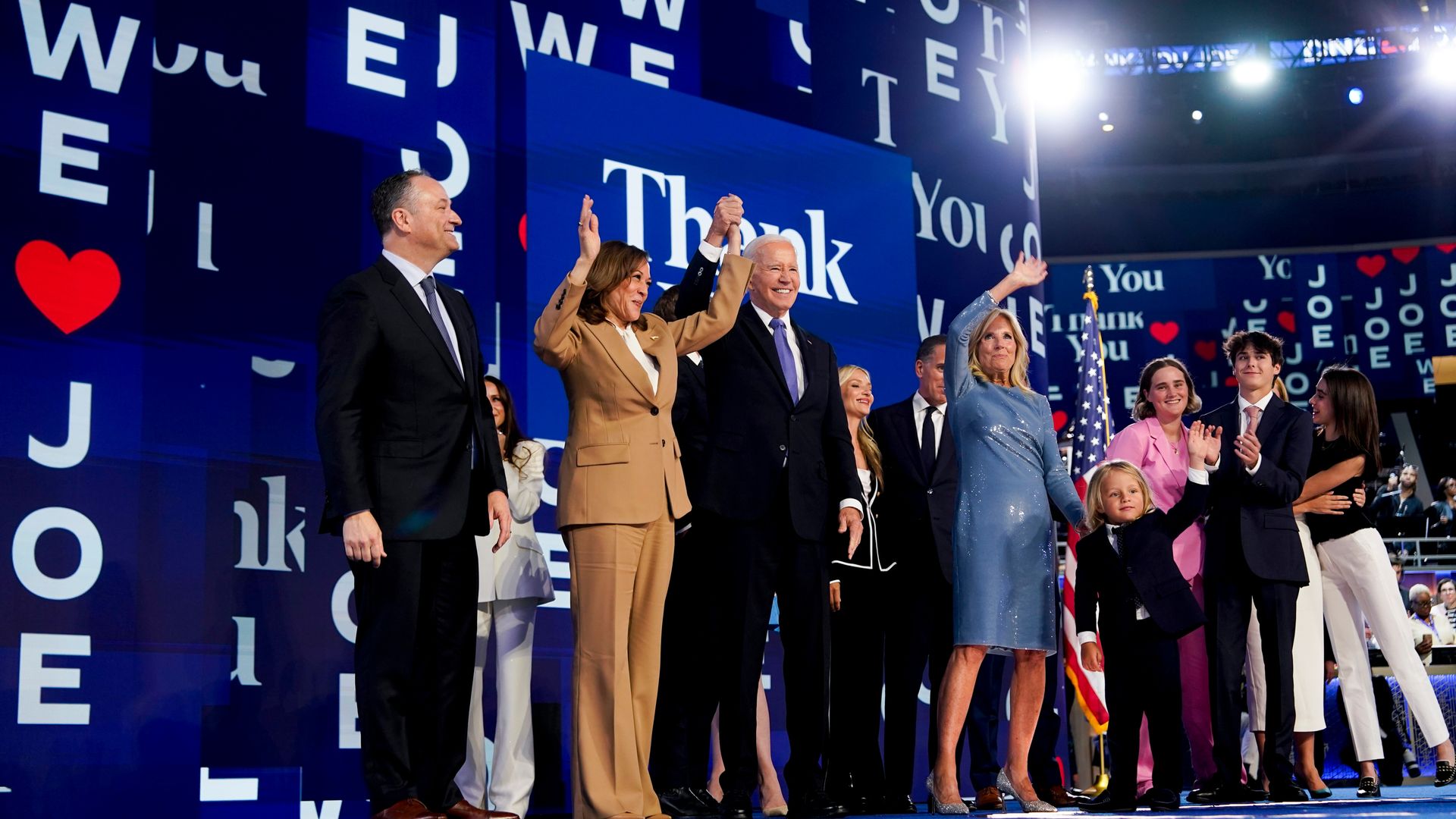 US Second Gentleman Doug Emhoff, from left, US Vice President Kamala Harris, US President Joe Biden, and US First Lady Jill Biden after President Biden spoke during the Democratic National Convention (DNC) at the United Center in Chicago, Illinois, US, on Monday, Aug. 19, 2024