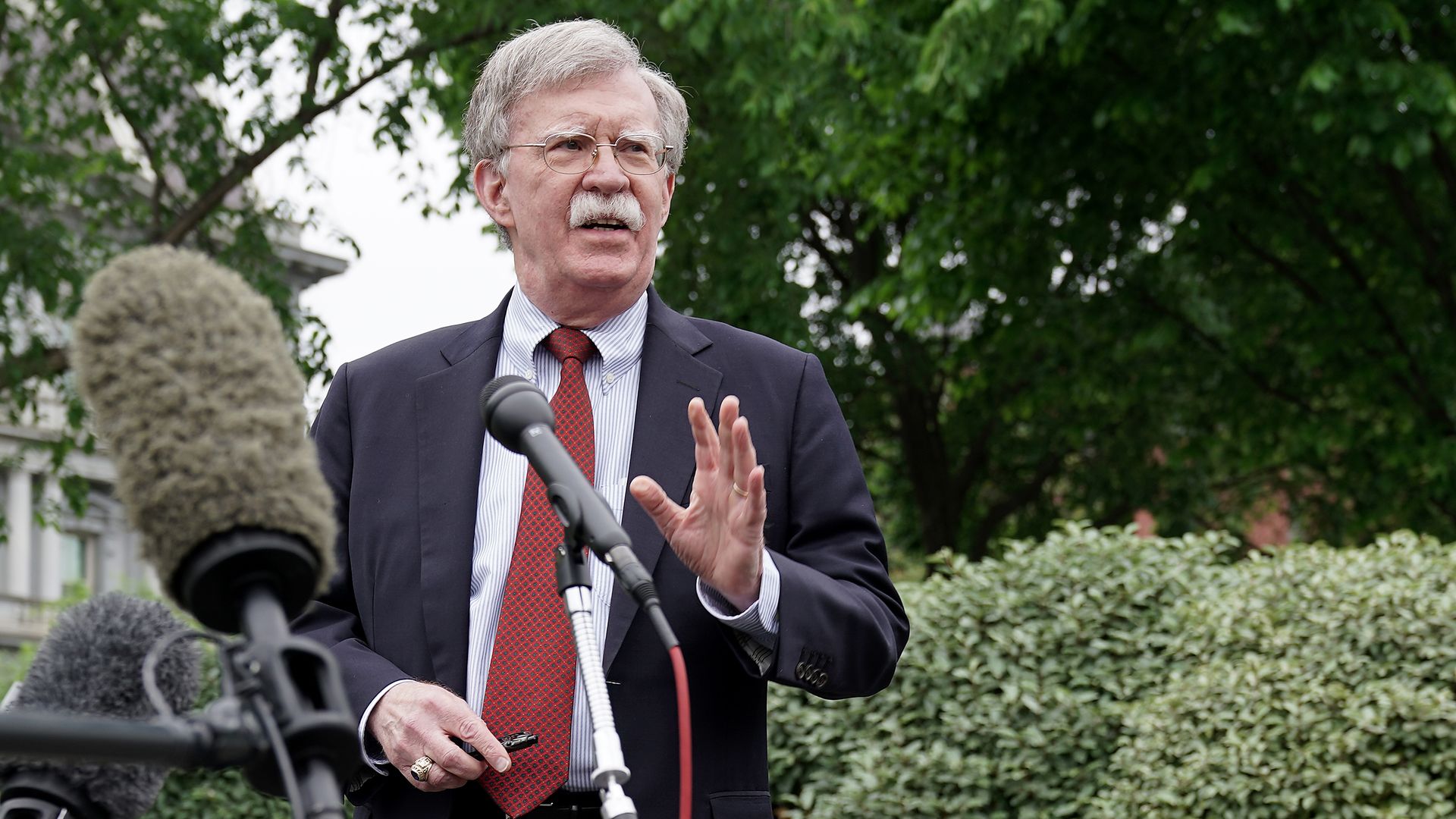 White House National Security Advisor John Bolton talks to reporters in Washington, DC. 