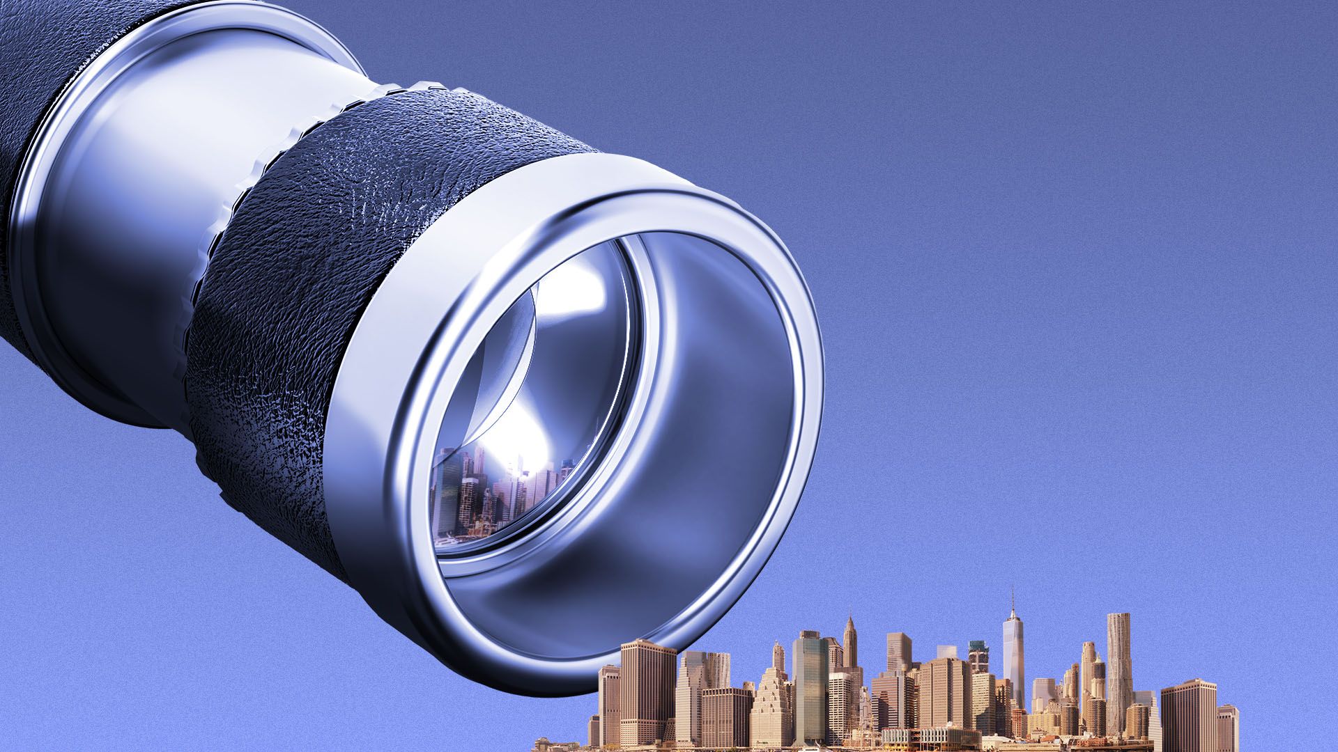 Illustration of a giant telescope lens looking at a tiny city