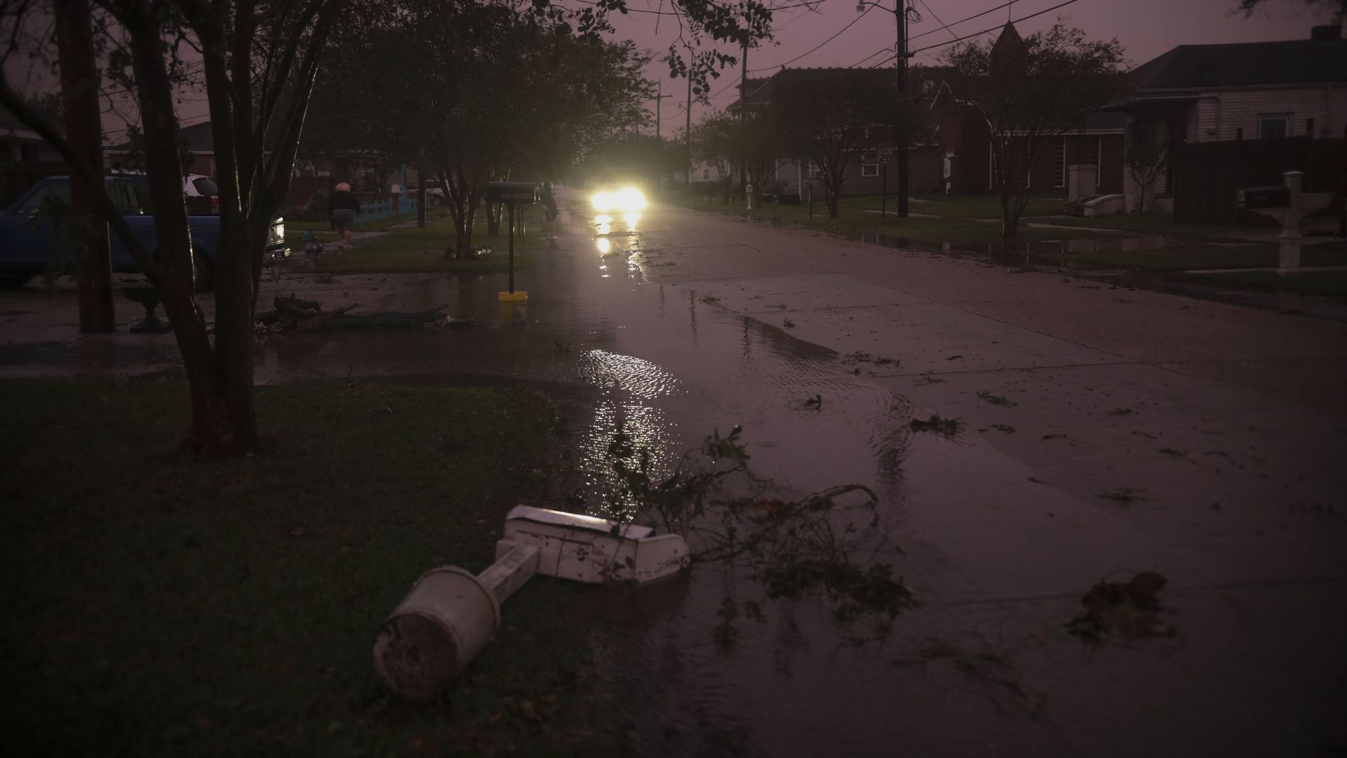 Debris on the streets is seen while Hurricane Zeta passes over on October 28, 2020 in Arabi, Louisiana.