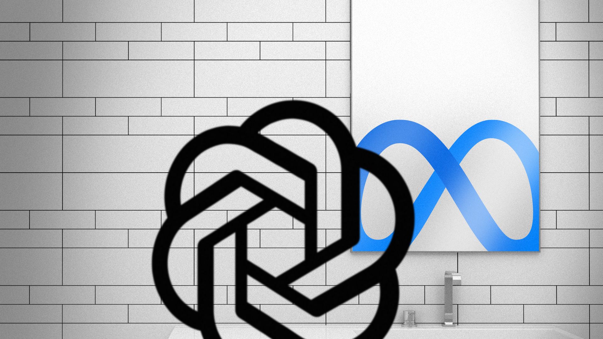 Illustration of the OpenAI logo looking at the Meta logo in a mirror.