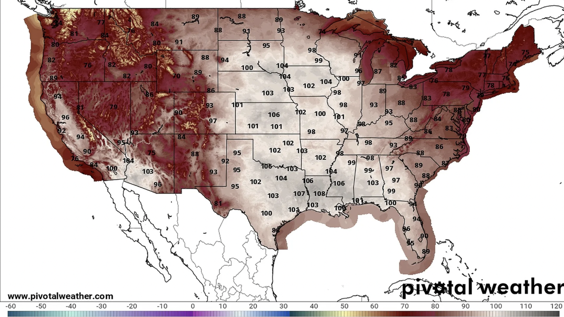 A heat map showing the heat dome over mid region