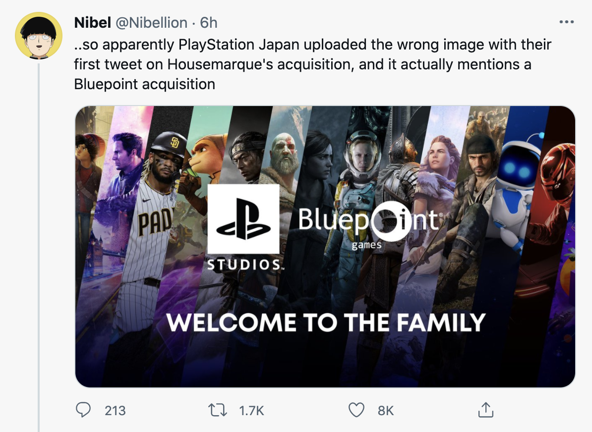 A tweet featuring a collection of video game characters from PlayStation studios