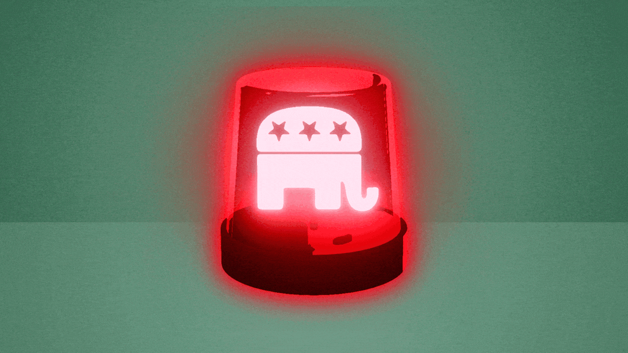 Animated illustration of an emergency red siren light with a spinning Republican elephant logo as the bulb.