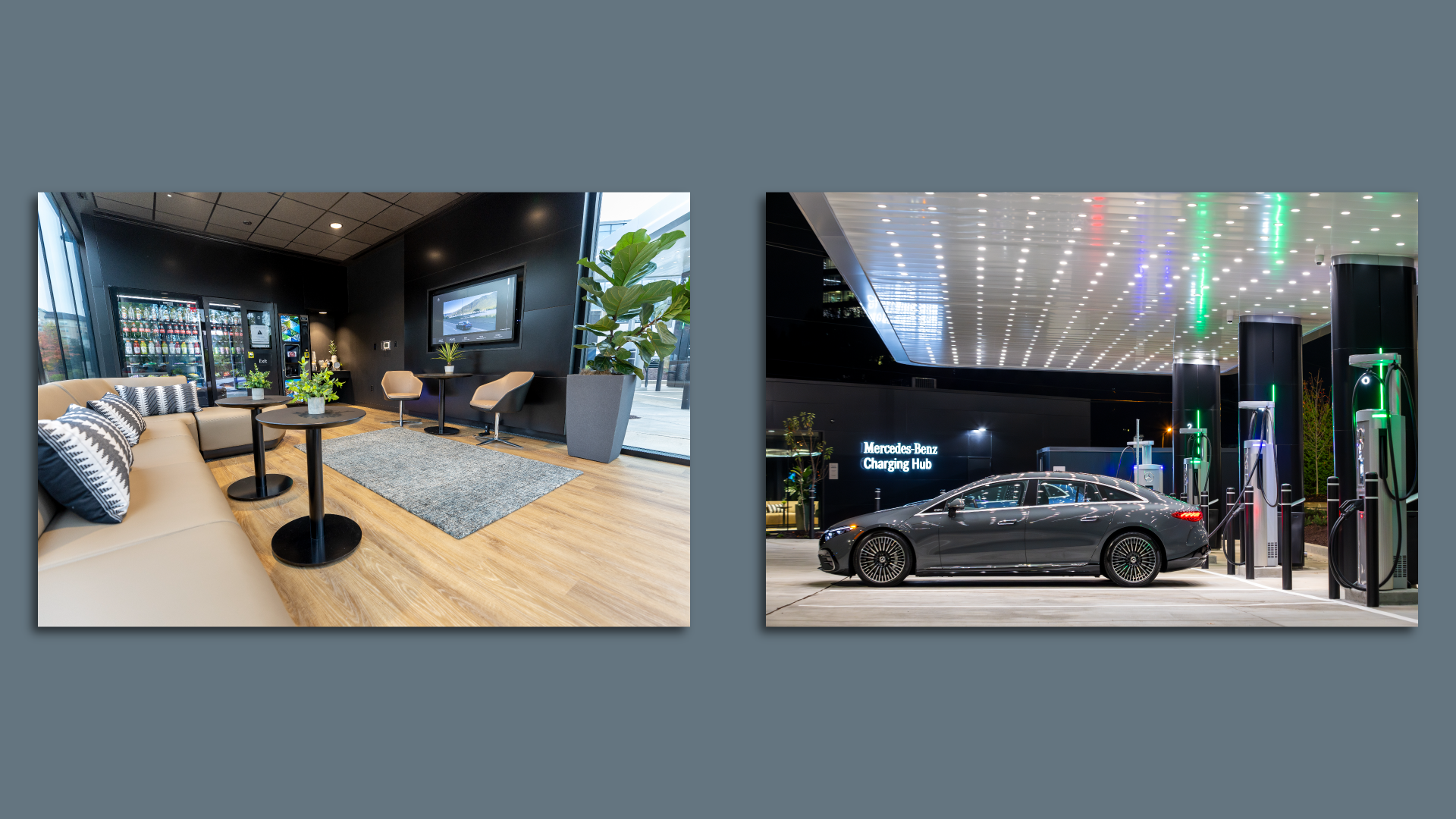Side by side images of a new Mercedes-Benz electric vehicle charging hub, and its luxurious lounge. 